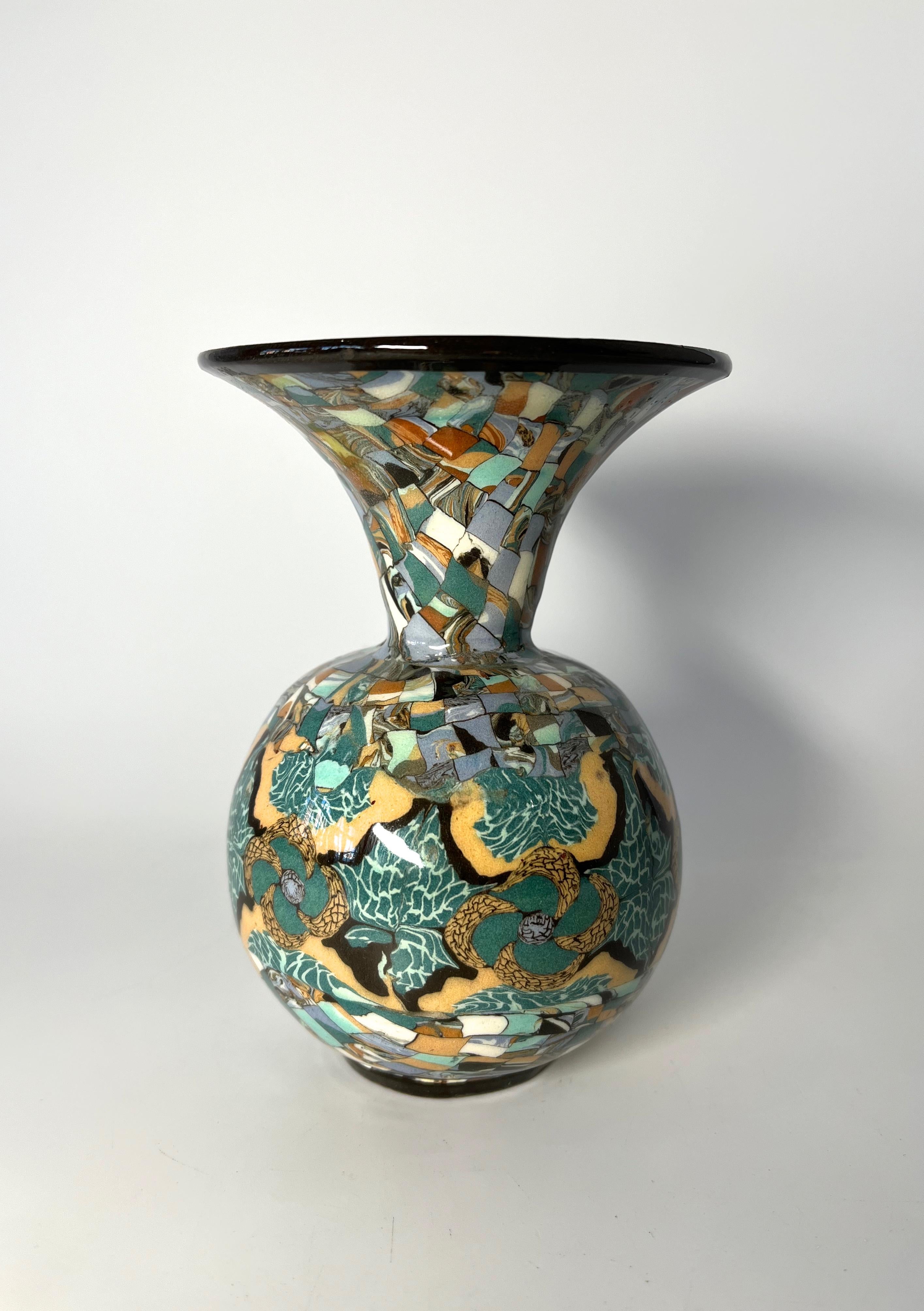 Extraordinary Jean Gerbino, Vallauris, France, Ceramic Glazed Mosaic Funnel Vase 1