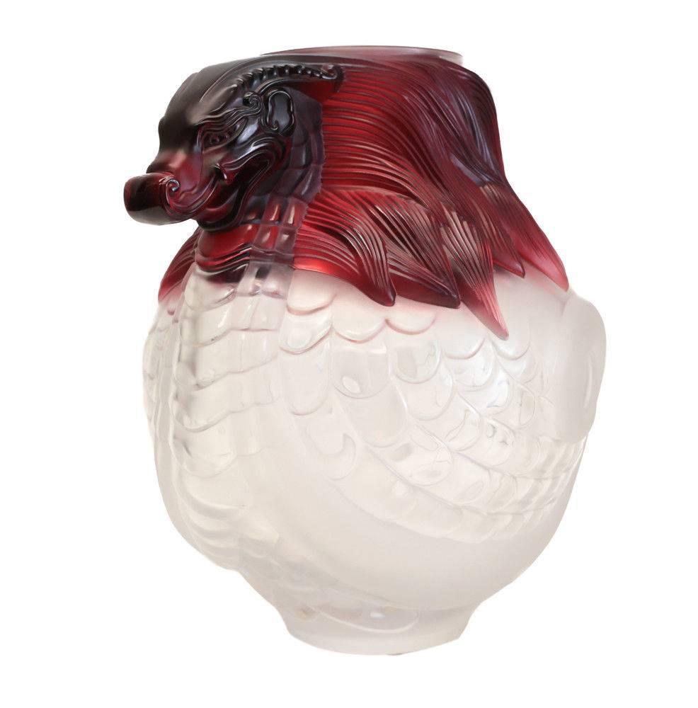 A magnificent Lalique France molded frosted and red crystal vase, 