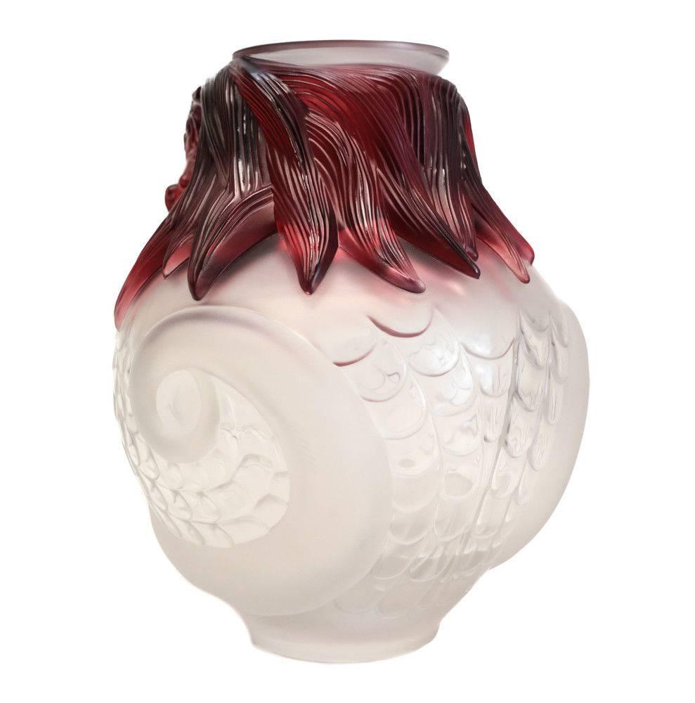 French Extraordinary Lalique Frosted Crystal & Red Vase Imperial Dragon, Ltd Ed. of 99 For Sale