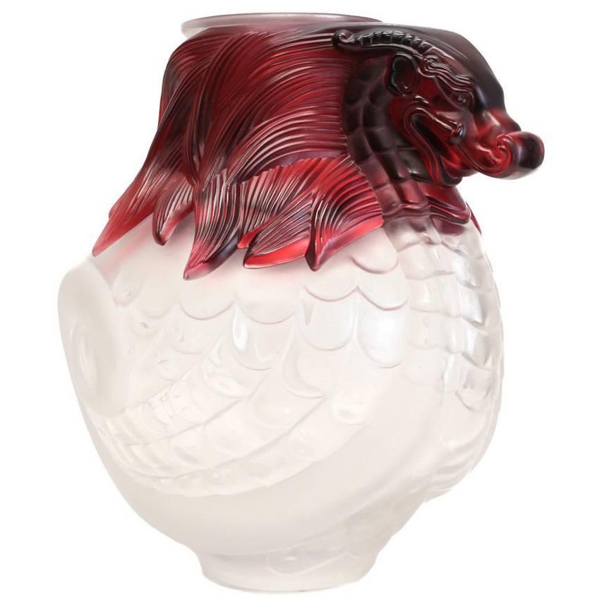 Extraordinary Lalique Frosted Crystal & Red Vase Imperial Dragon, Ltd Ed. of 99 For Sale