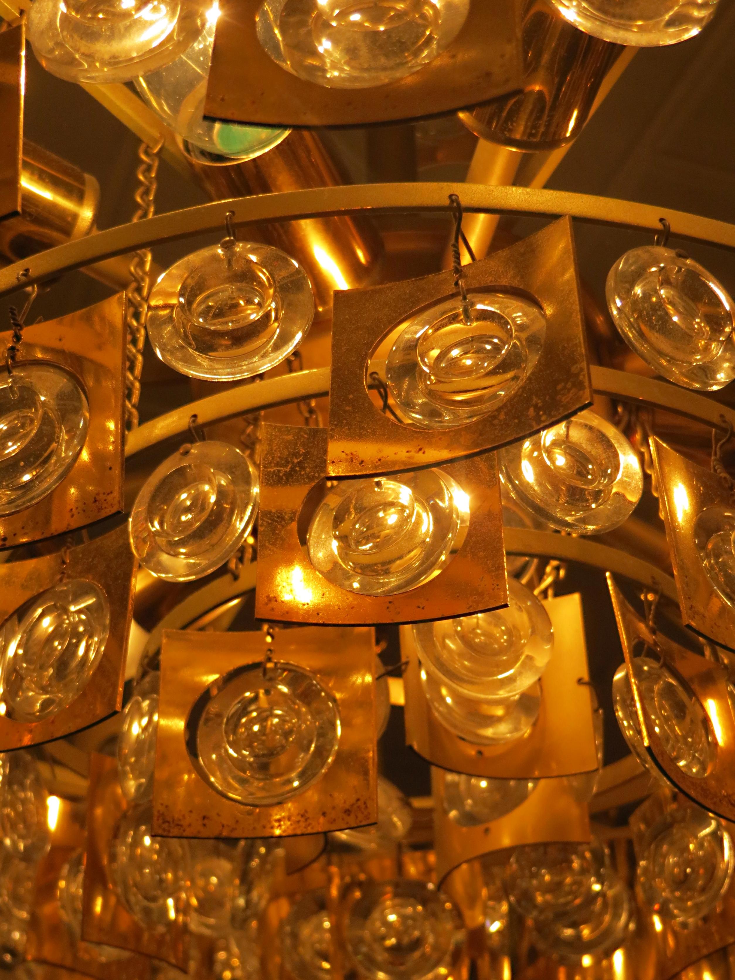 Large & Extraordinary Midcentury Brutalist Gilt Brass & Crystal Chandelier 1960s For Sale 7