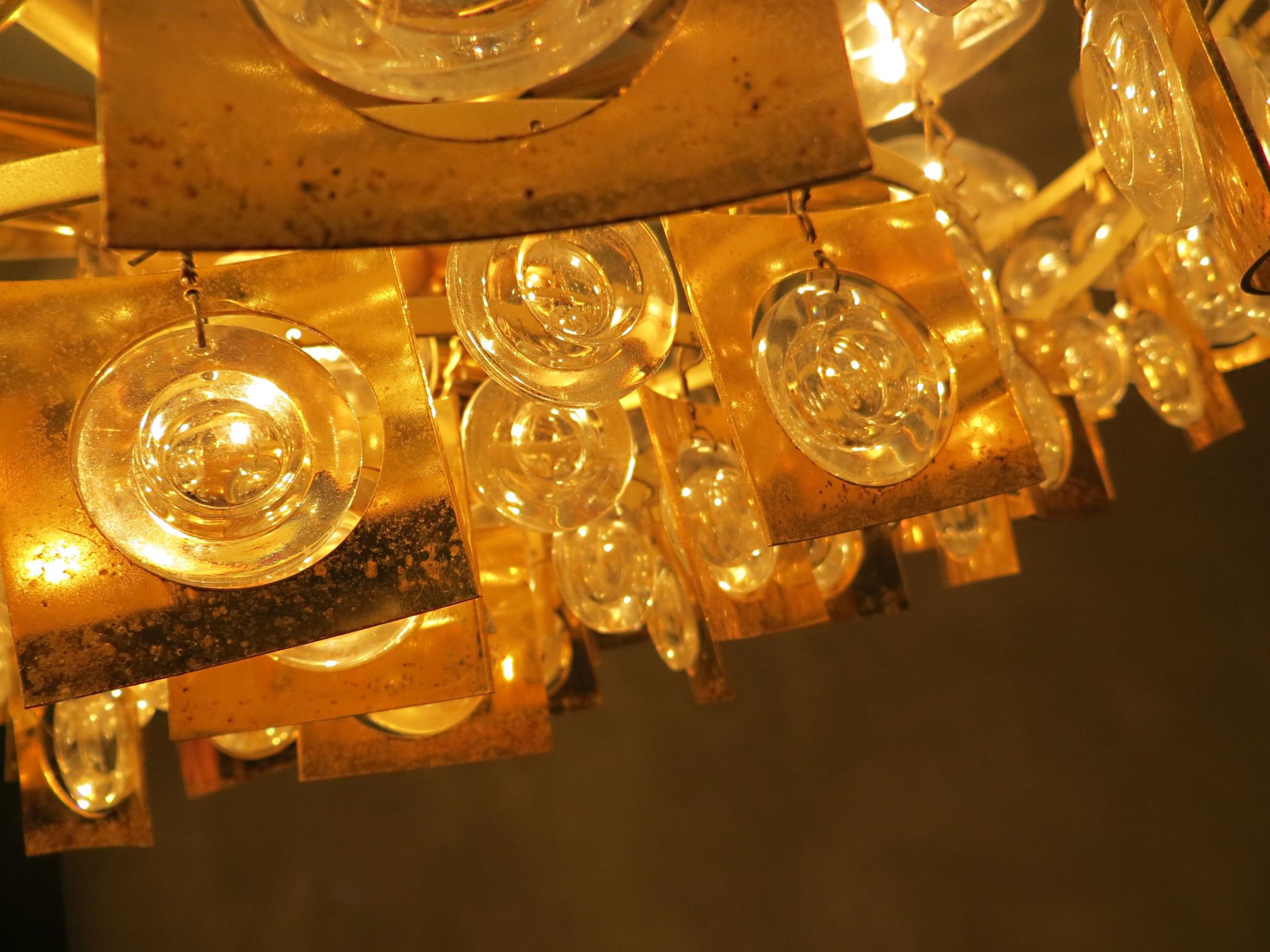 Large & Extraordinary Midcentury Brutalist Gilt Brass & Crystal Chandelier 1960s For Sale 8