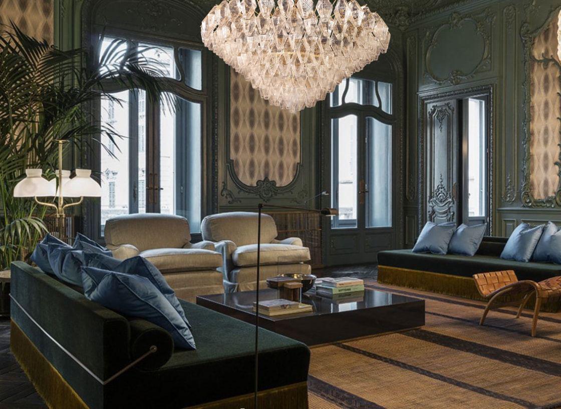 Mid-Century Modern Pair of Extraordinary Large Poliedri Murano Glass Ceiling Light or Chandelier For Sale