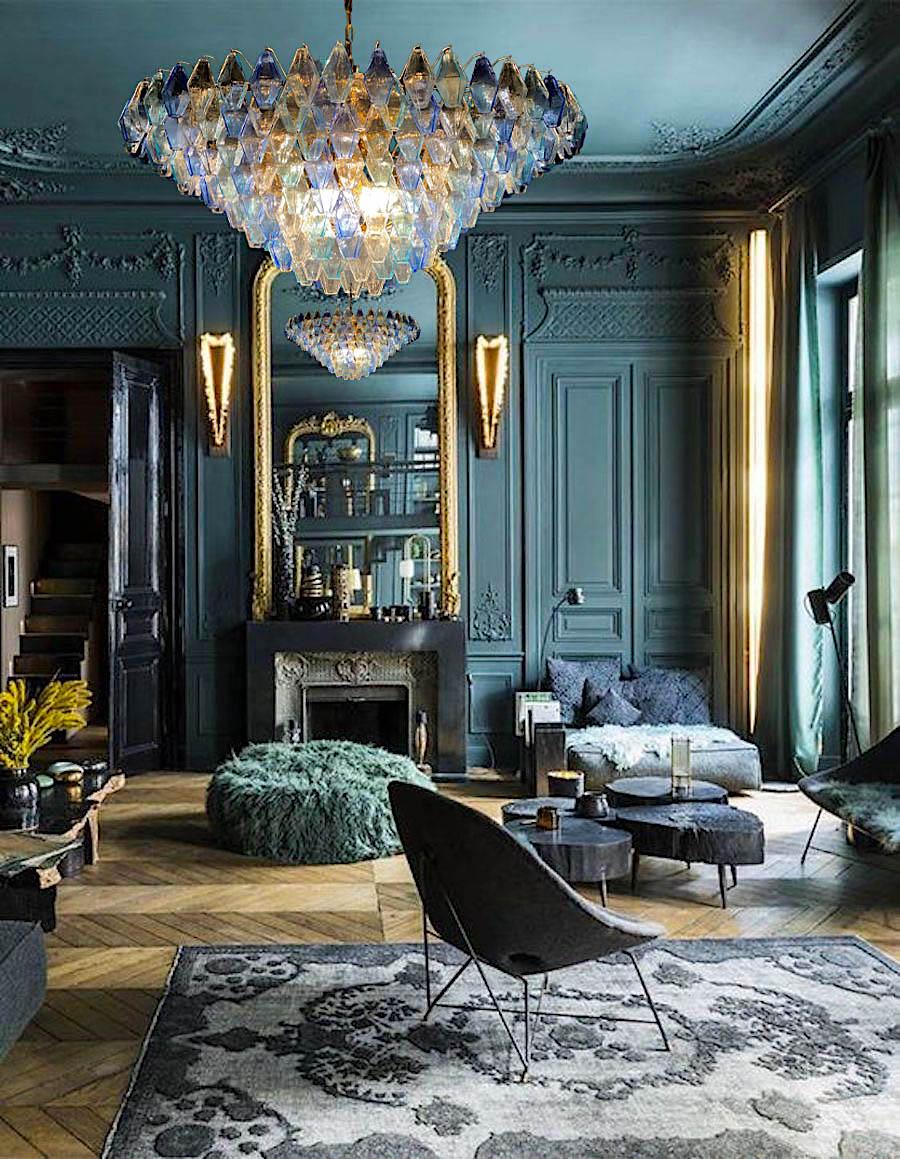 Italian Extraordinary Large Sapphire Poliedri Murano Glass Ceiling Light or Chandelier