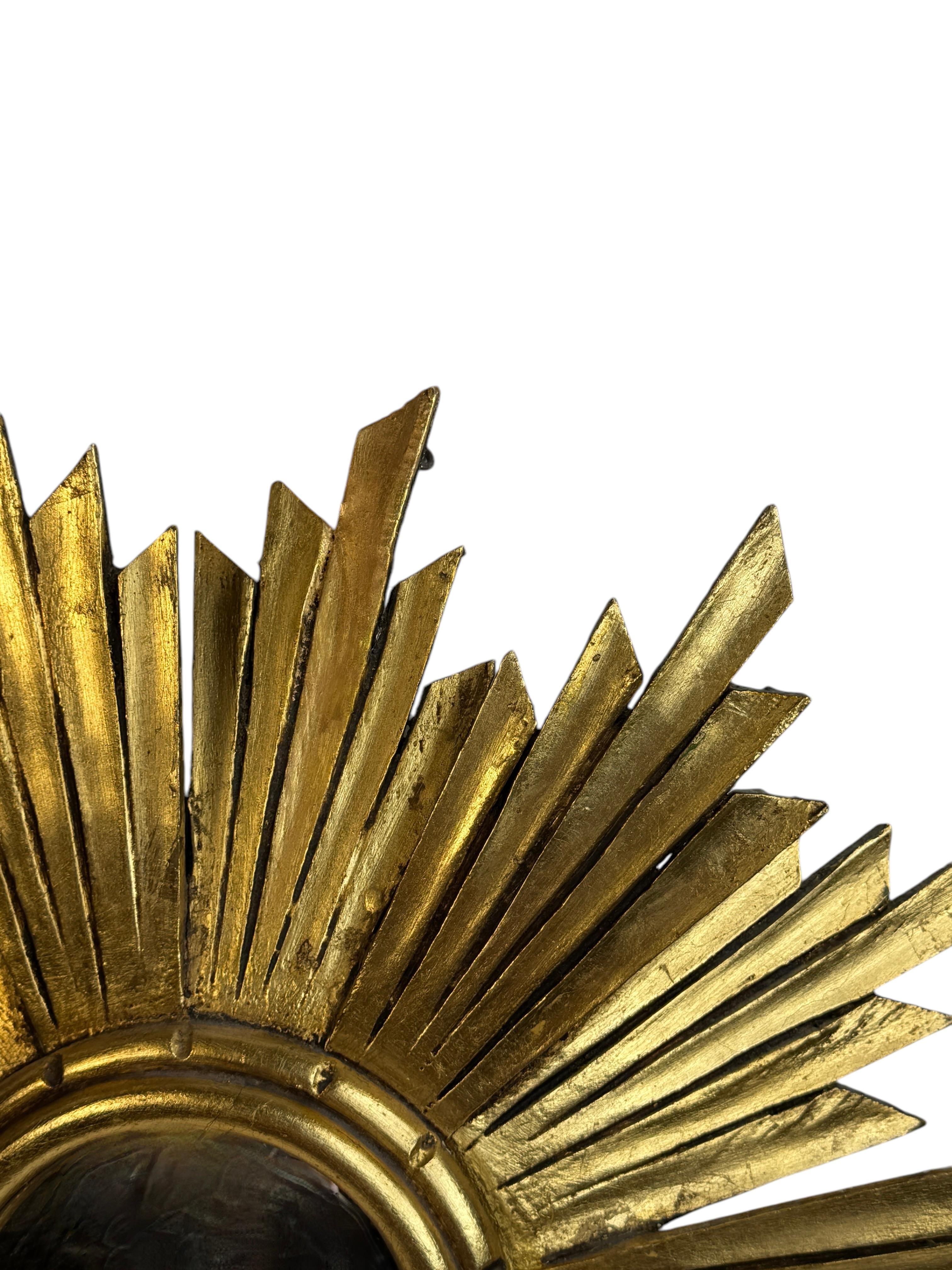 Außergewöhnlich großer Sunburst Starburst Konvexspiegel Vergoldetes Holz, Frankreich 1950er Jahre im Angebot 4