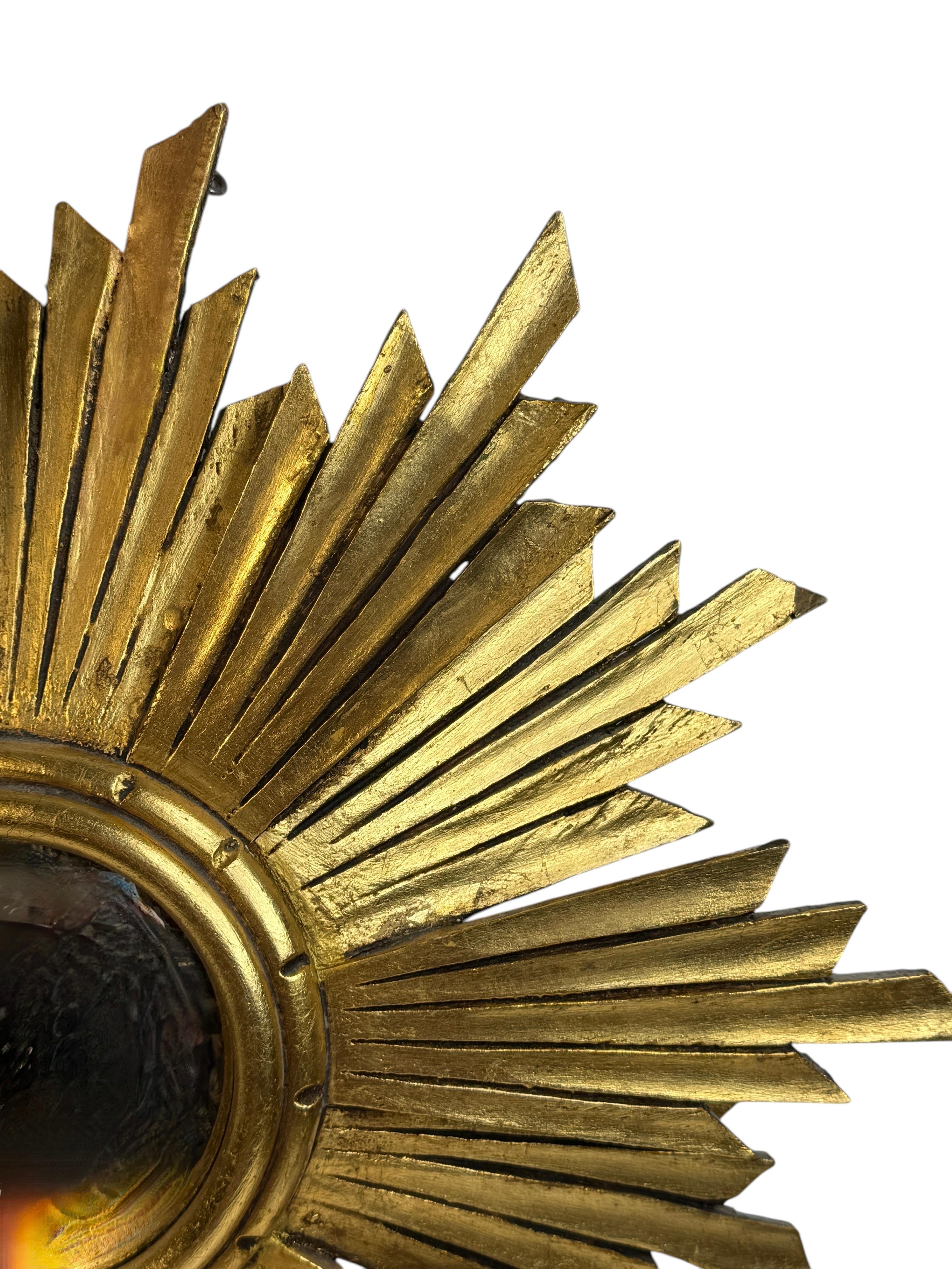 Außergewöhnlich großer Sunburst Starburst Konvexspiegel Vergoldetes Holz, Frankreich 1950er Jahre im Angebot 9