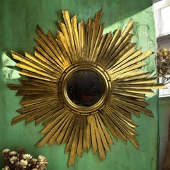 Extraordinary large Sunburst Starburst Convex Mirror Gilt Wood, France 1950s
