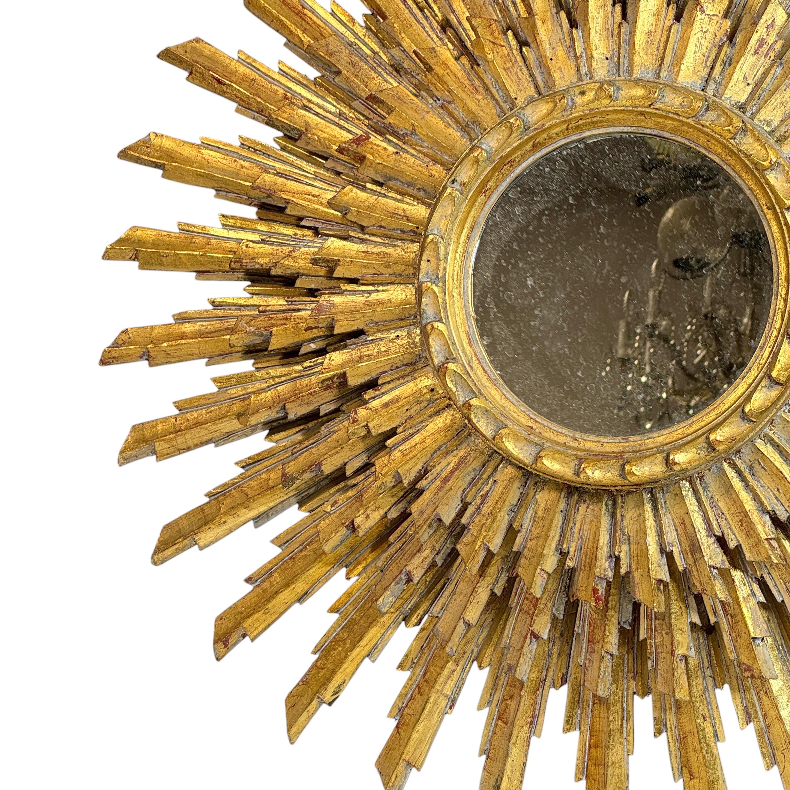 Extraordinaire grand miroir en trois couches Sunburst Starburst  Bois doré France 1950 en vente 2
