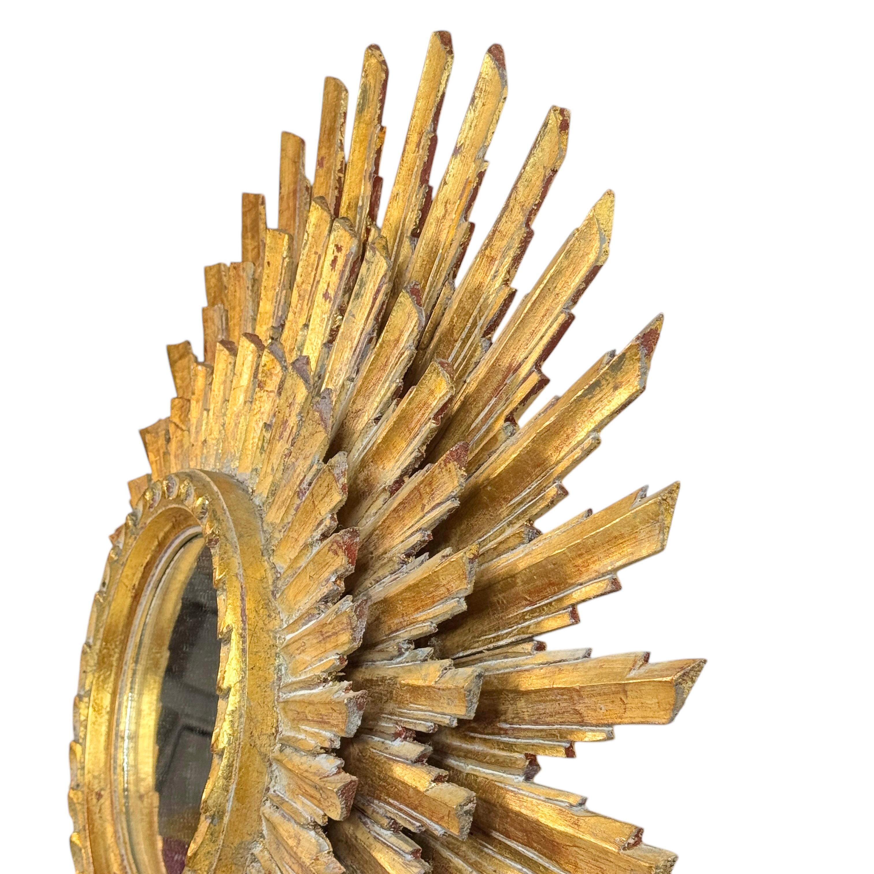 Extraordinaire grand miroir en trois couches Sunburst Starburst  Bois doré France 1950 en vente 4