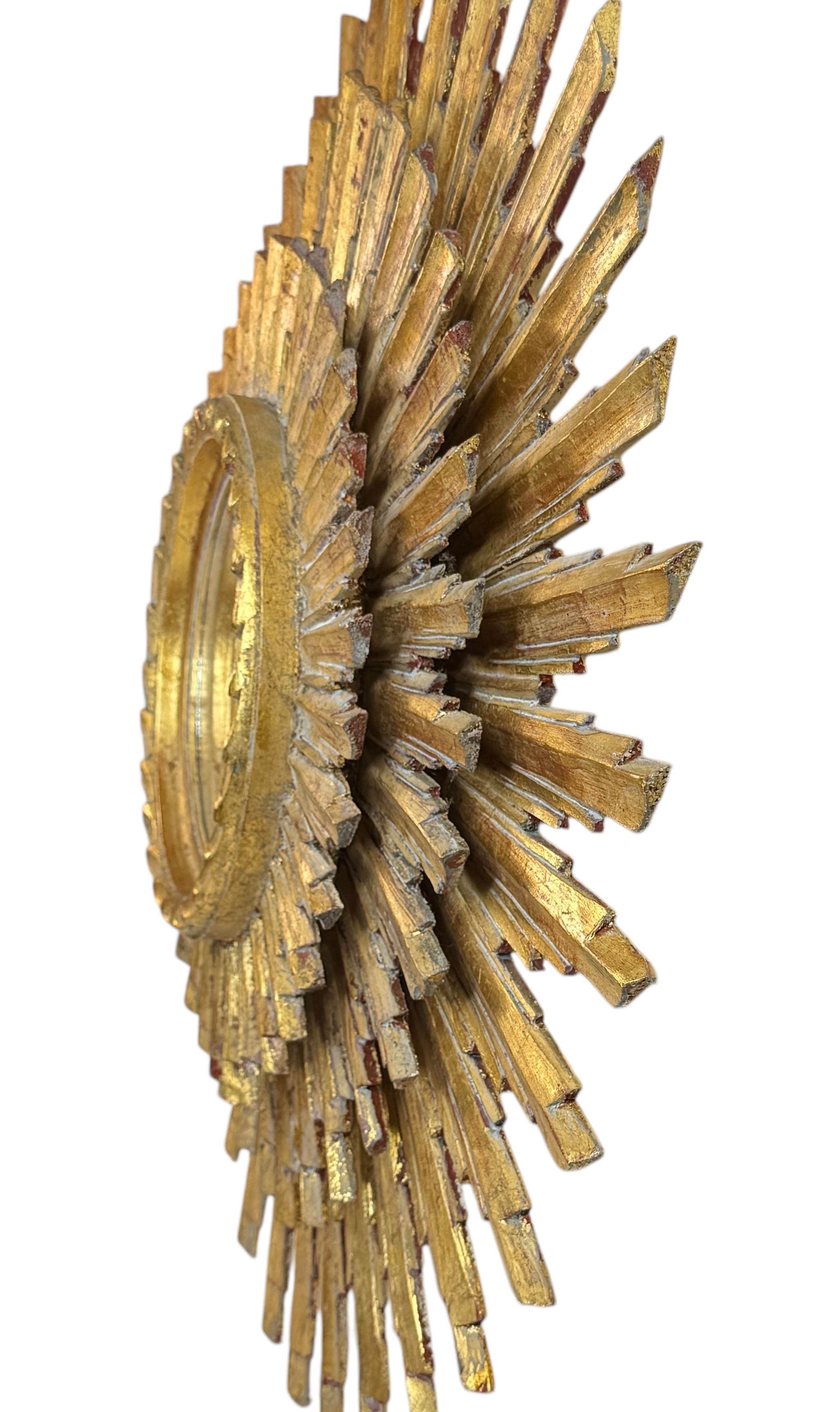 Extraordinaire grand miroir en trois couches Sunburst Starburst  Bois doré France 1950 en vente 5
