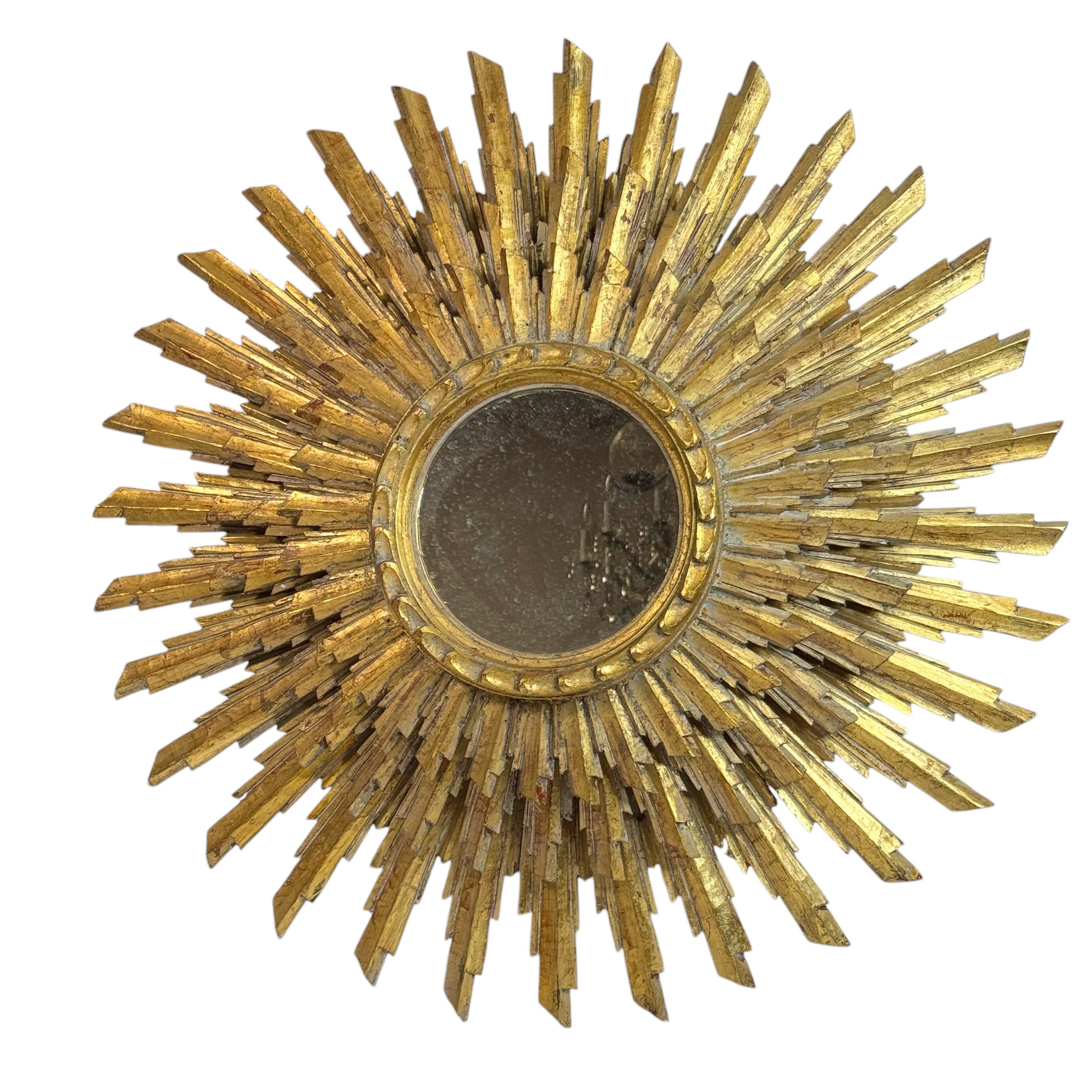 Hollywood Regency Extraordinaire grand miroir en trois couches Sunburst Starburst  Bois doré France 1950 en vente