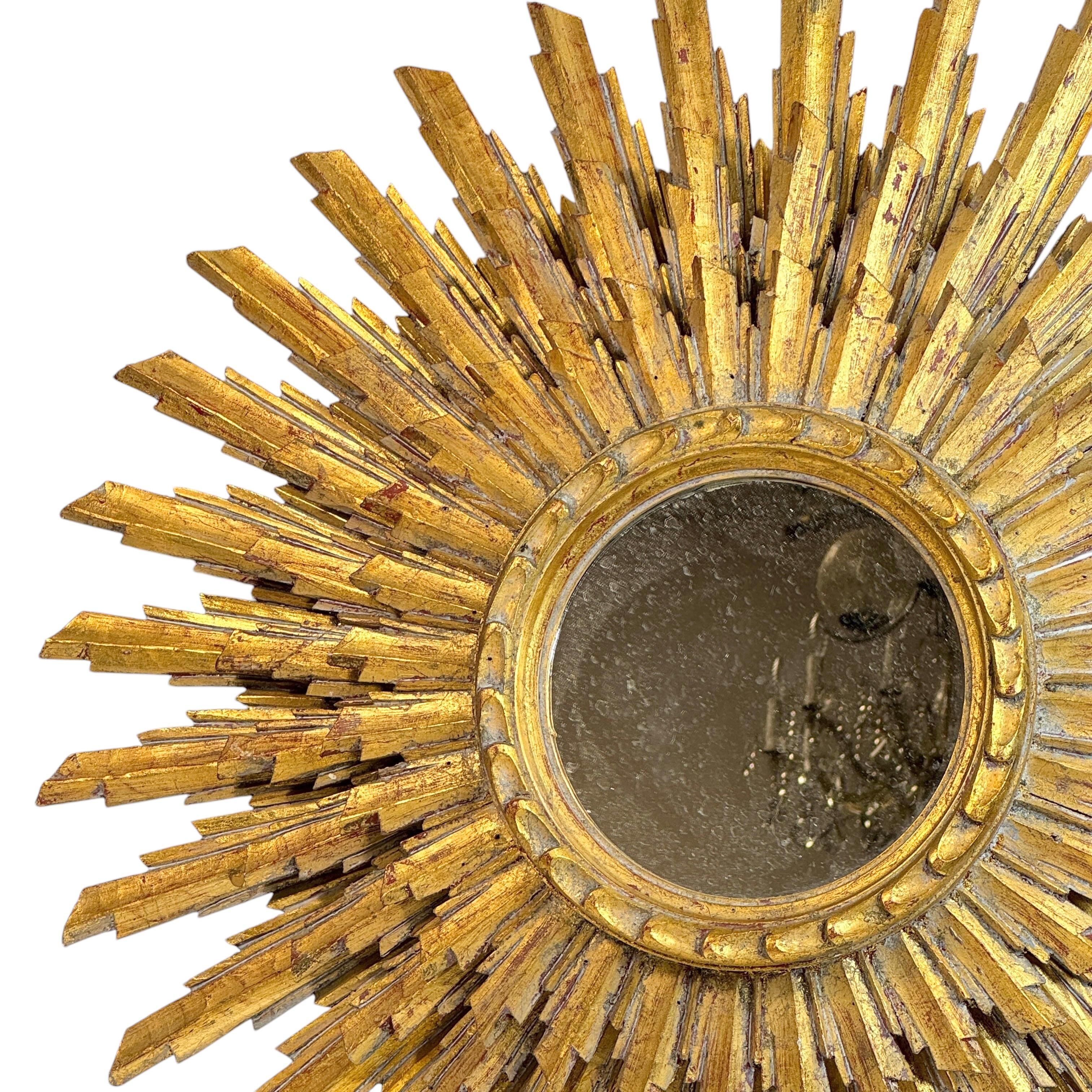 Extraordinaire grand miroir en trois couches Sunburst Starburst  Bois doré France 1950 en vente 1