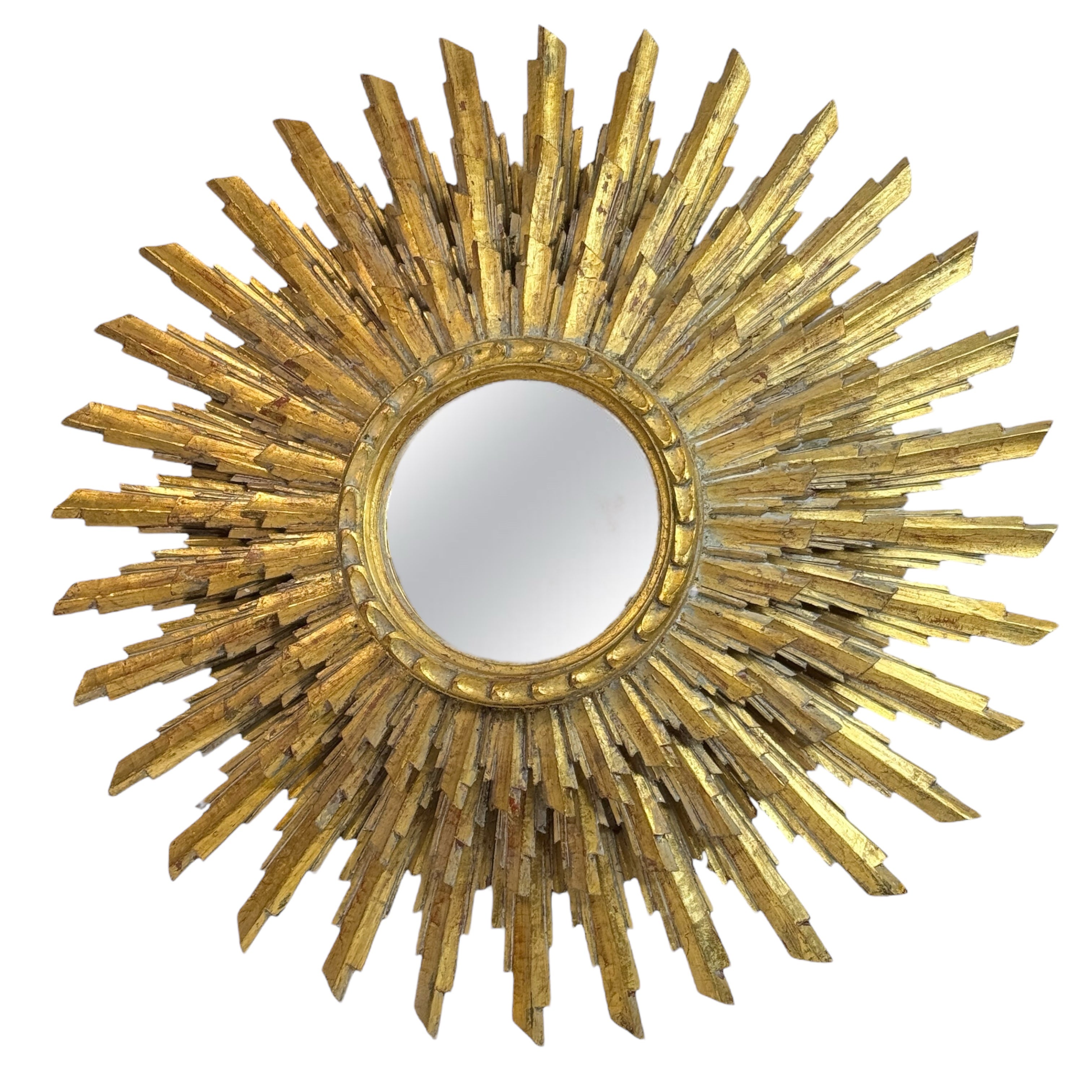 Extraordinaire grand miroir en trois couches Sunburst Starburst  Bois doré France 1950 en vente
