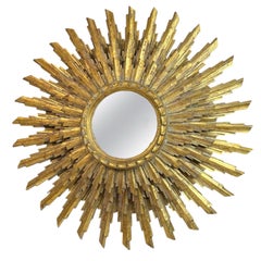 Extraordinary large Sunburst Starburst Mirror three-layer  Gilt Wood France 1950