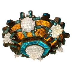 Extraordinary Longobard Hammered Glass & Iron Ceiling Fixture 1970s