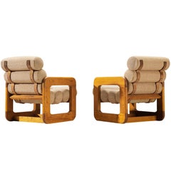 Coppia di straordinarie sedie da salotto in frassino e tappezzeria beige