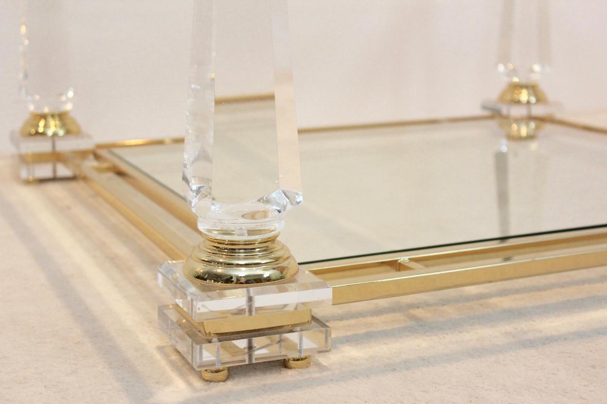 Hollywood Regency Extraordinary Lucite, Brass and Glass Obelisk Coffee Table, 1970s For Sale
