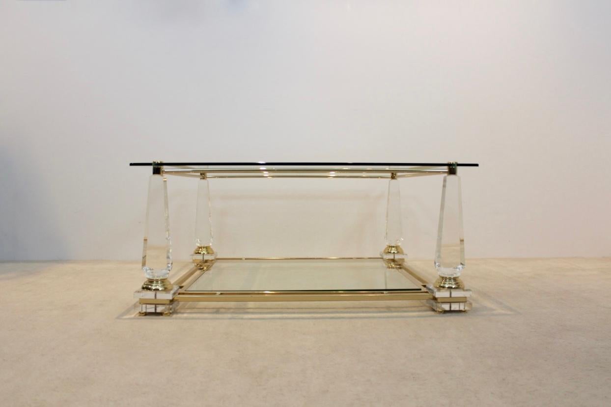 Dutch Extraordinary Lucite, Brass and Glass Obelisk Coffee Table, 1970s For Sale