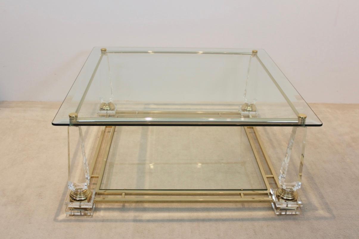 Extraordinary Lucite, Brass and Glass Obelisk Coffee Table, 1970s In Good Condition For Sale In Voorburg, NL