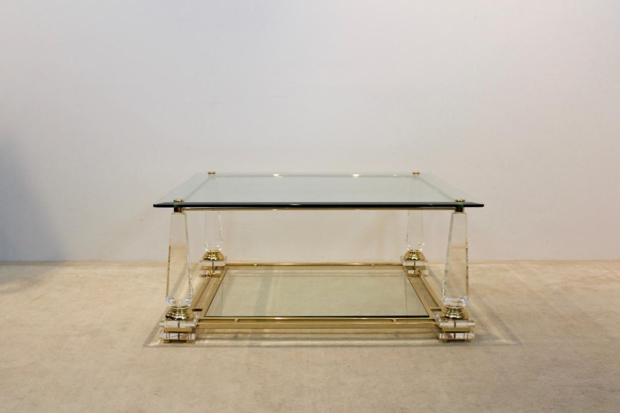 20th Century Extraordinary Lucite, Brass and Glass Obelisk Coffee Table, 1970s For Sale
