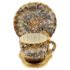 Antique Extraordinary Meiji Satsuma Cup & Saucer, Raised Gilt Enamel Signature, Kozan Zo