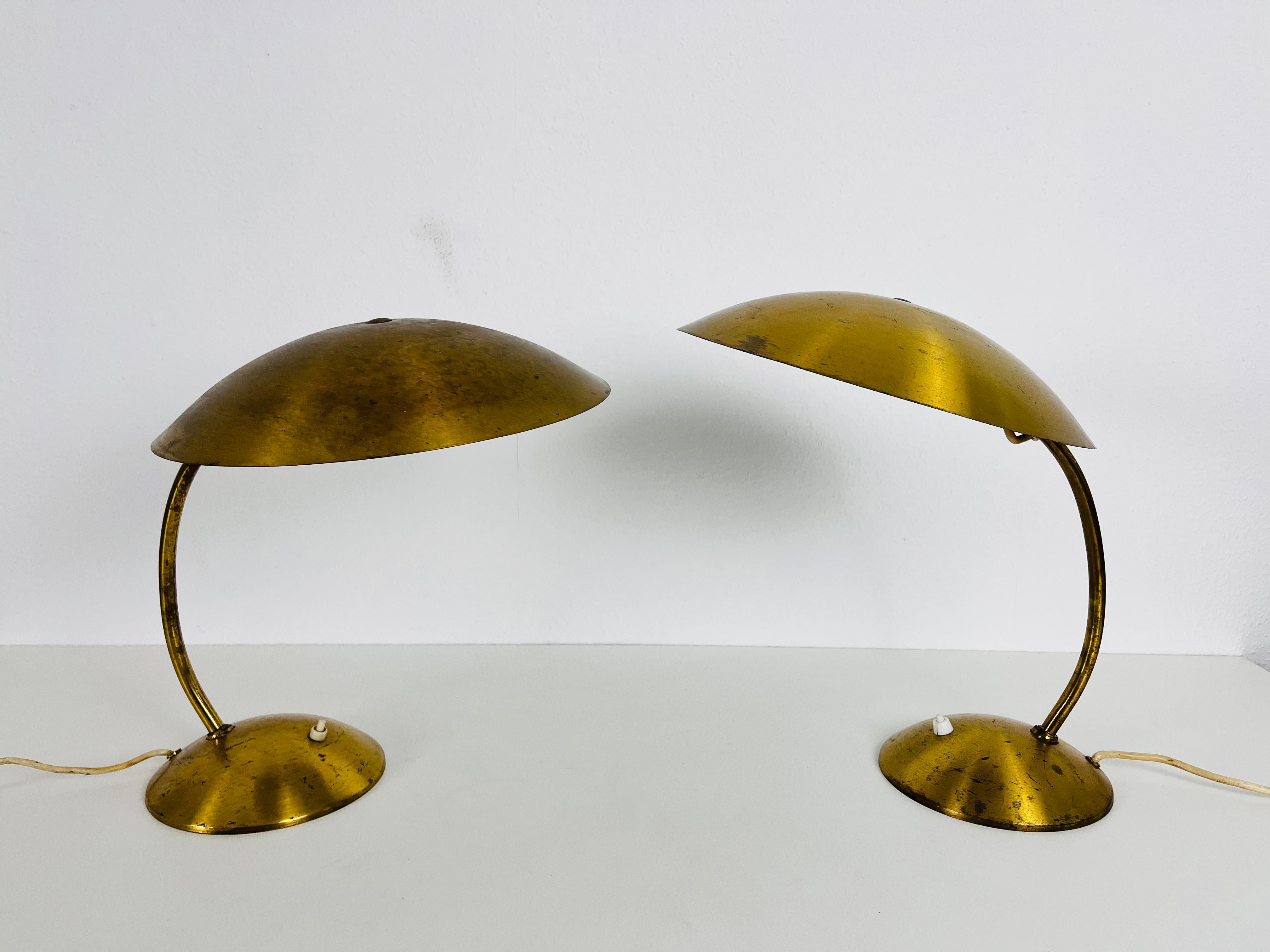 German Extraordinary Mid-Century Modern Kaiser Brass Table Lamps, Pair, 1960s For Sale