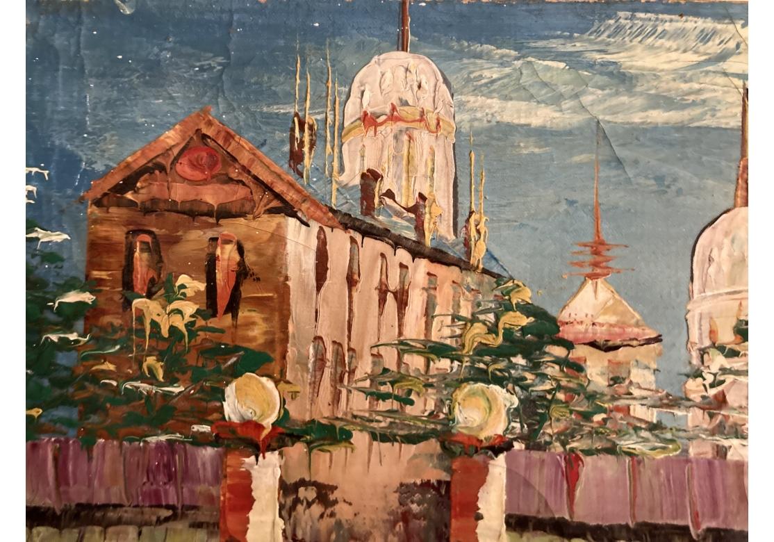 Außergewöhnliche Mid Century Surreal Öl auf Leinwand Stadtbild im Angebot 8
