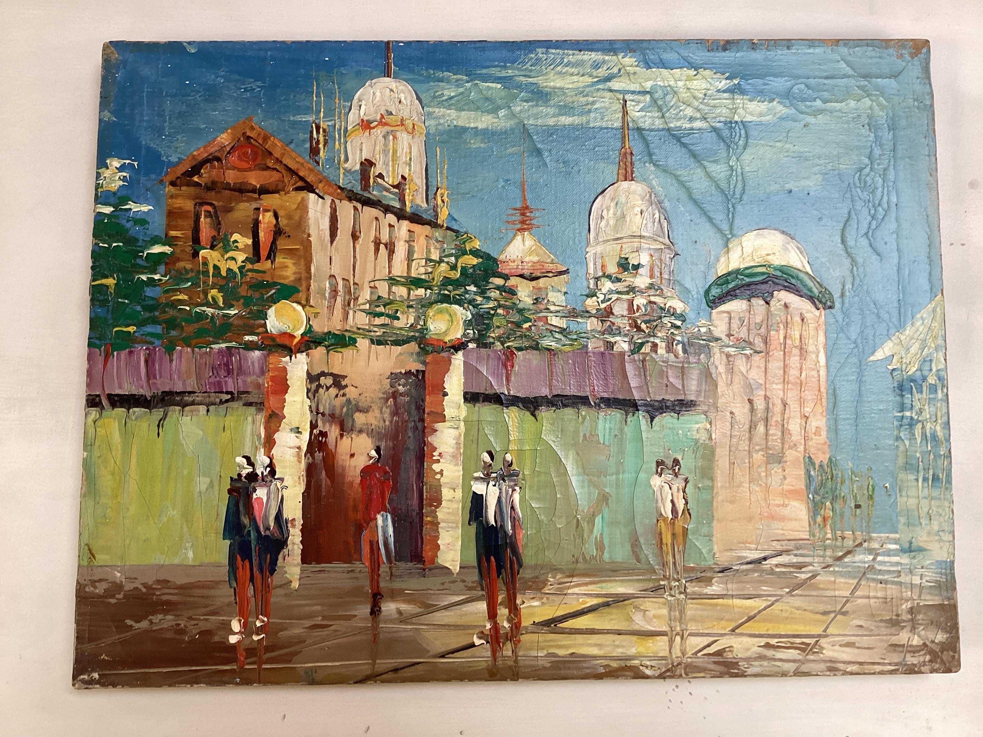 Außergewöhnliche Mid Century Surreal Öl auf Leinwand Stadtbild im Angebot 9