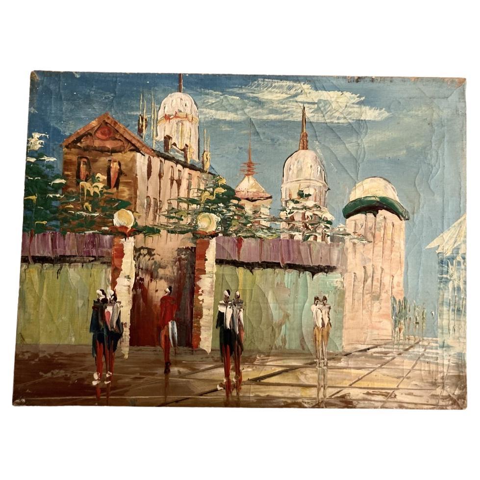Ein gestörtes Mid Century Gemälde einer Stadtlandschaft mit unglaublichen Farben, zeitlos stilisierten Gebäuden und Figuren und einer echten traumhaften Qualität. . Eine surreale Umgebung in Pastelltönen mit phantasievoller Architektur in einem