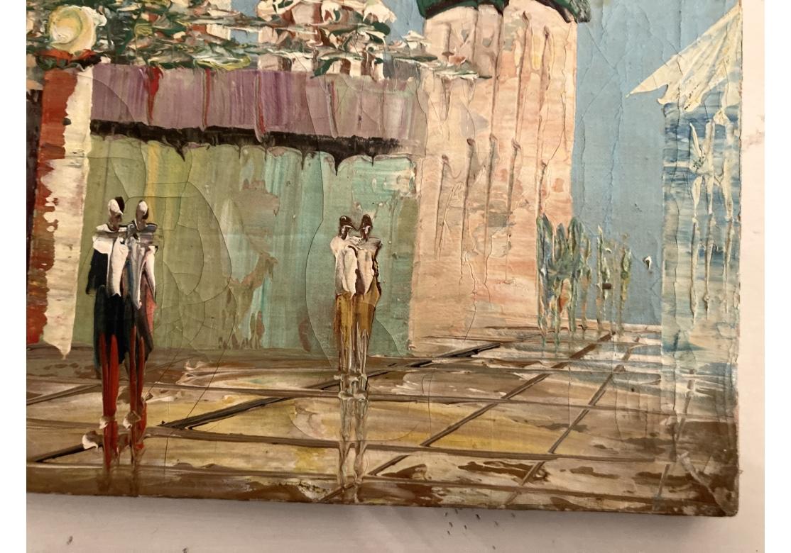 Außergewöhnliche Mid Century Surreal Öl auf Leinwand Stadtbild im Zustand „Starke Gebrauchsspuren“ im Angebot in Bridgeport, CT