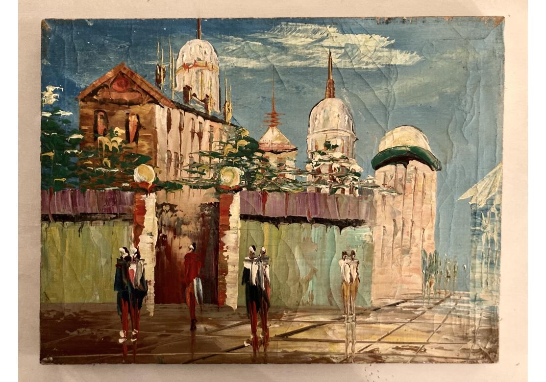 Außergewöhnliche Mid Century Surreal Öl auf Leinwand Stadtbild (20. Jahrhundert) im Angebot