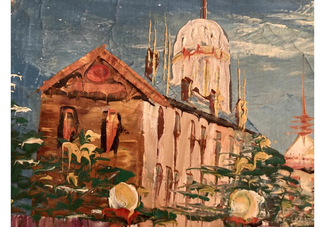 Außergewöhnliche Mid Century Surreal Öl auf Leinwand Stadtbild im Angebot 1