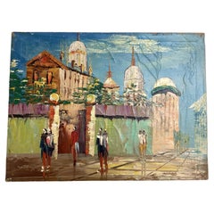 Extraordinary Mid Century Surreal Oil On Canvas Cityscape