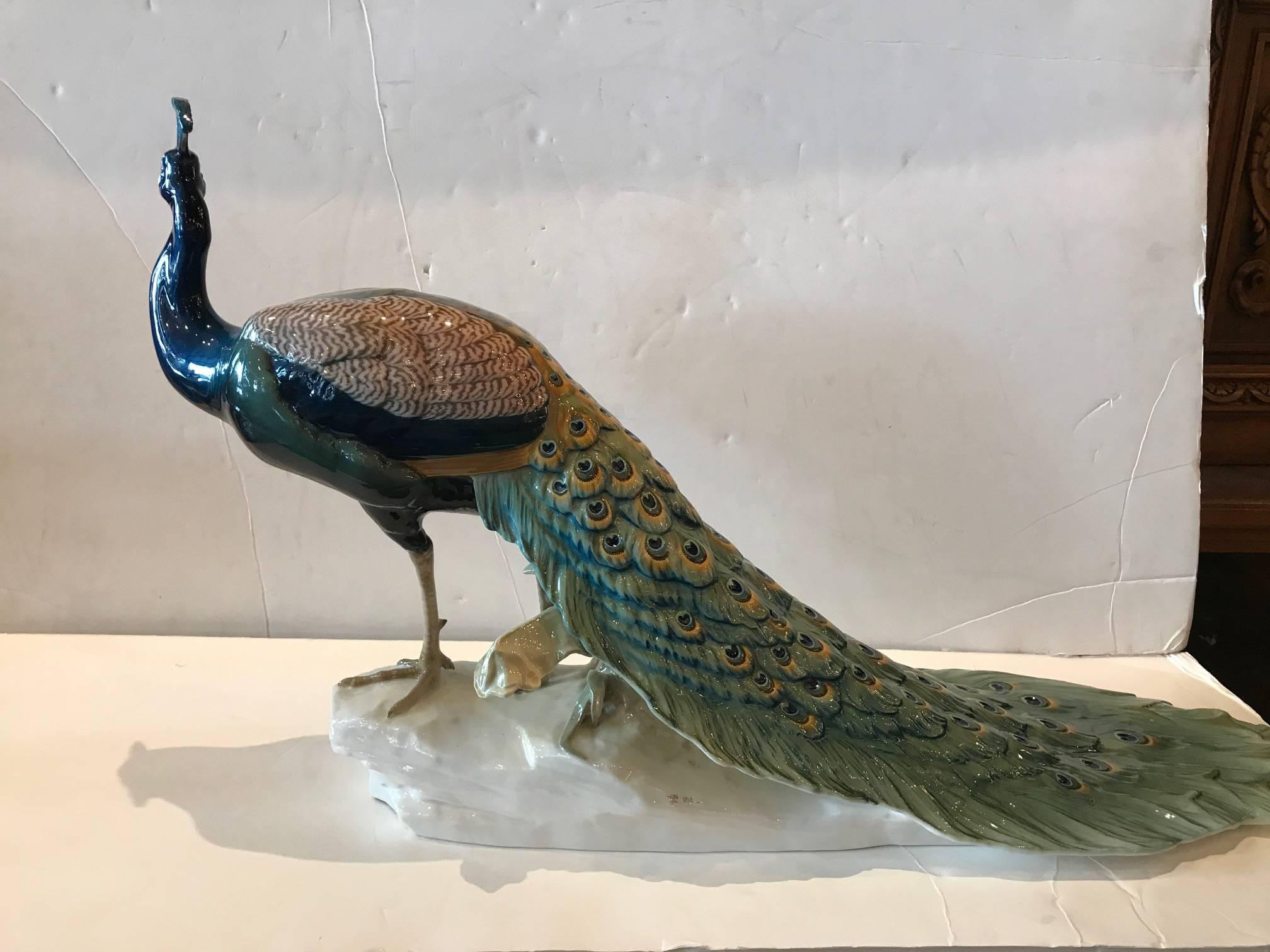 Impresionante pavo real de porcelana de Nymphenburg, creado por el escultor Theodor Ka¨rner en 1906. Este modelo está firmado y fechado por el artista en 1912. Esta pieza también lleva la marca impresa Nymphenburg en la parte inferior. El trabajo