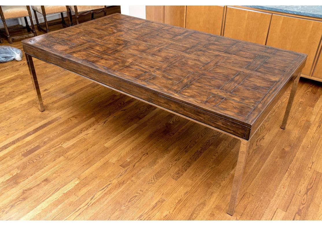 20ième siècle Extraordinaire Table de salle à manger en parquet Oak sur supports chromés en vente