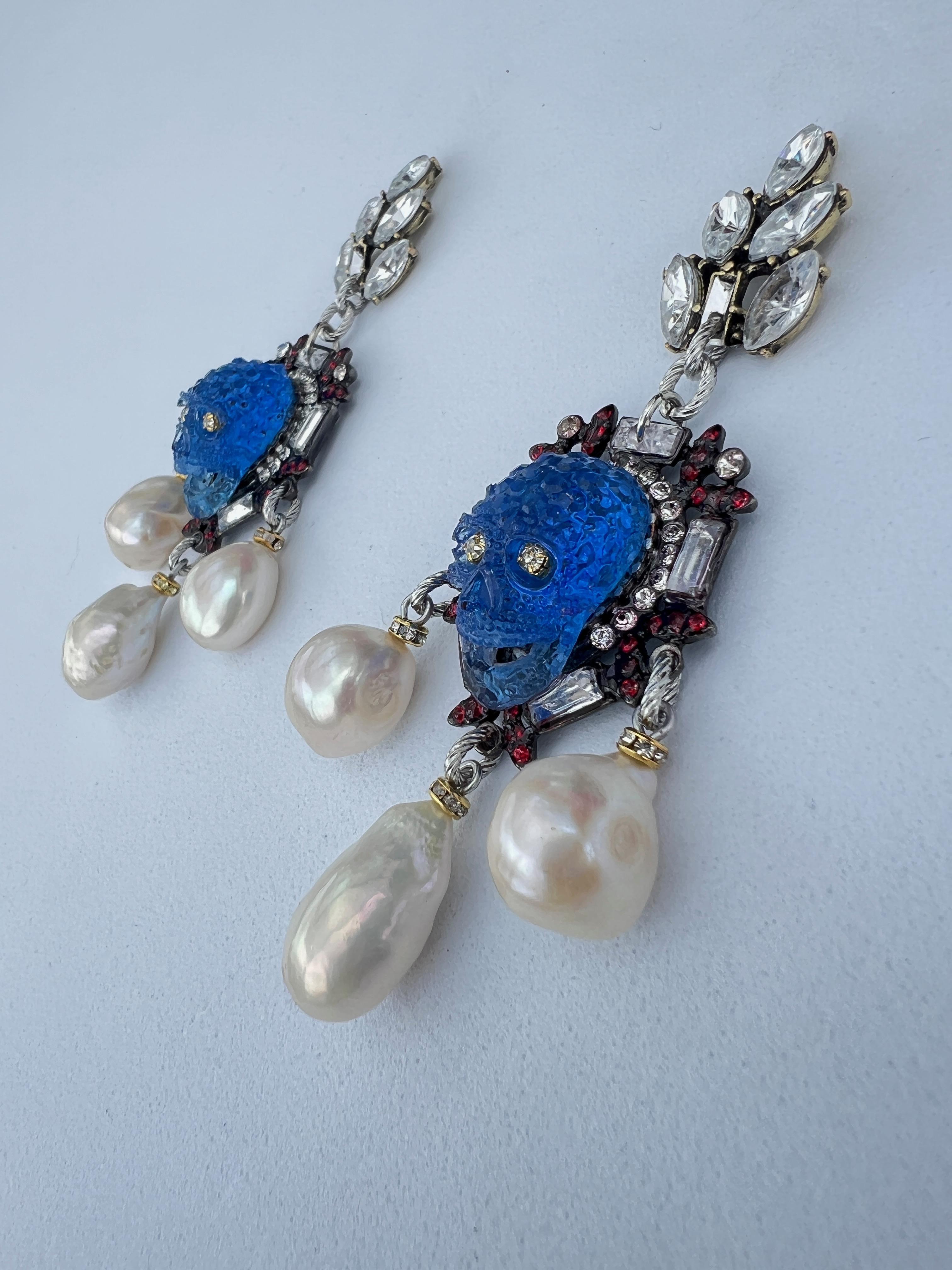 Artist Extraordinary One of a kind baroque pearl crystal, pearl skull earrings For Sale
