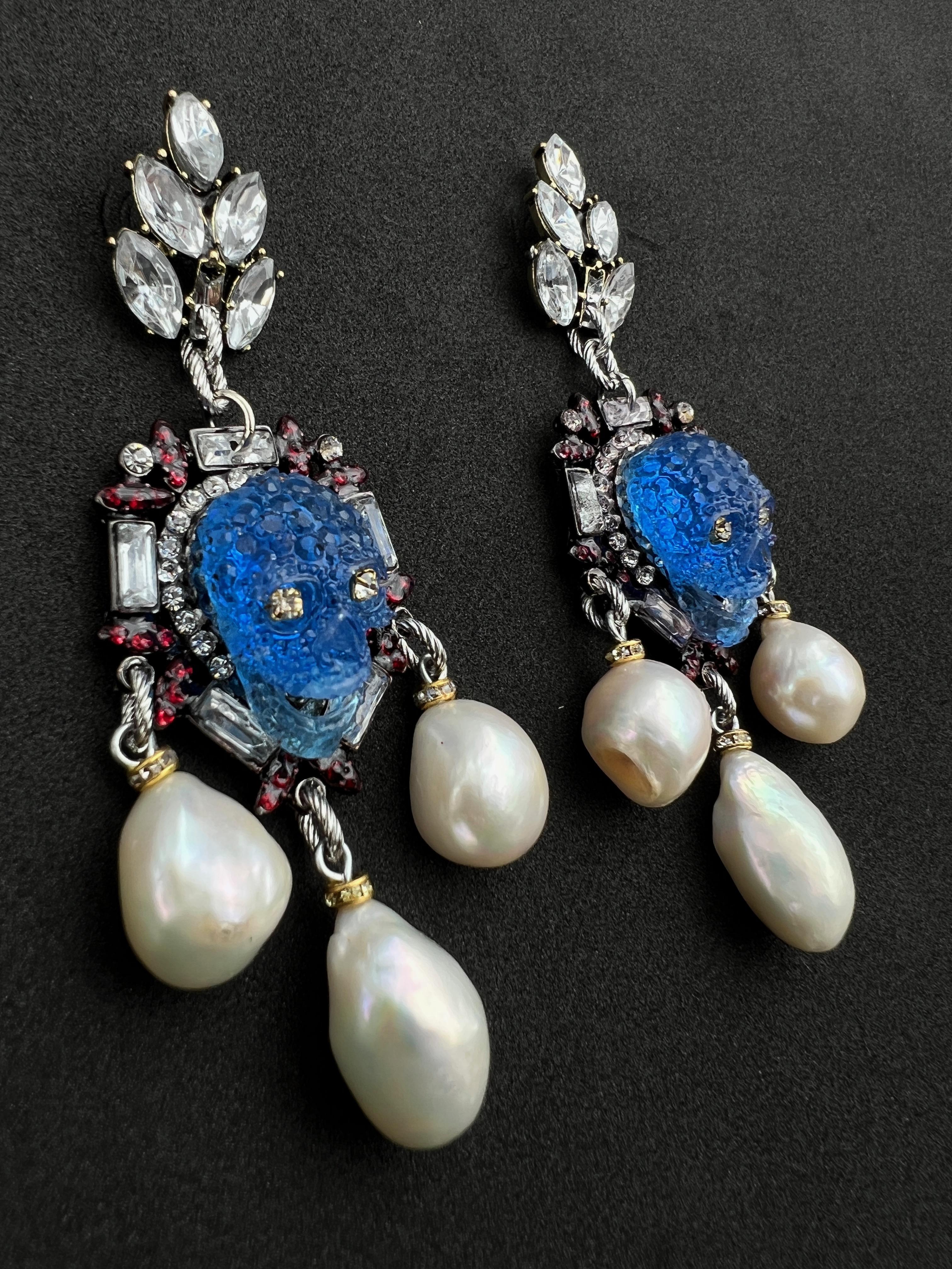 Brilliant Cut Extraordinary One of a kind baroque pearl crystal, pearl skull earrings For Sale