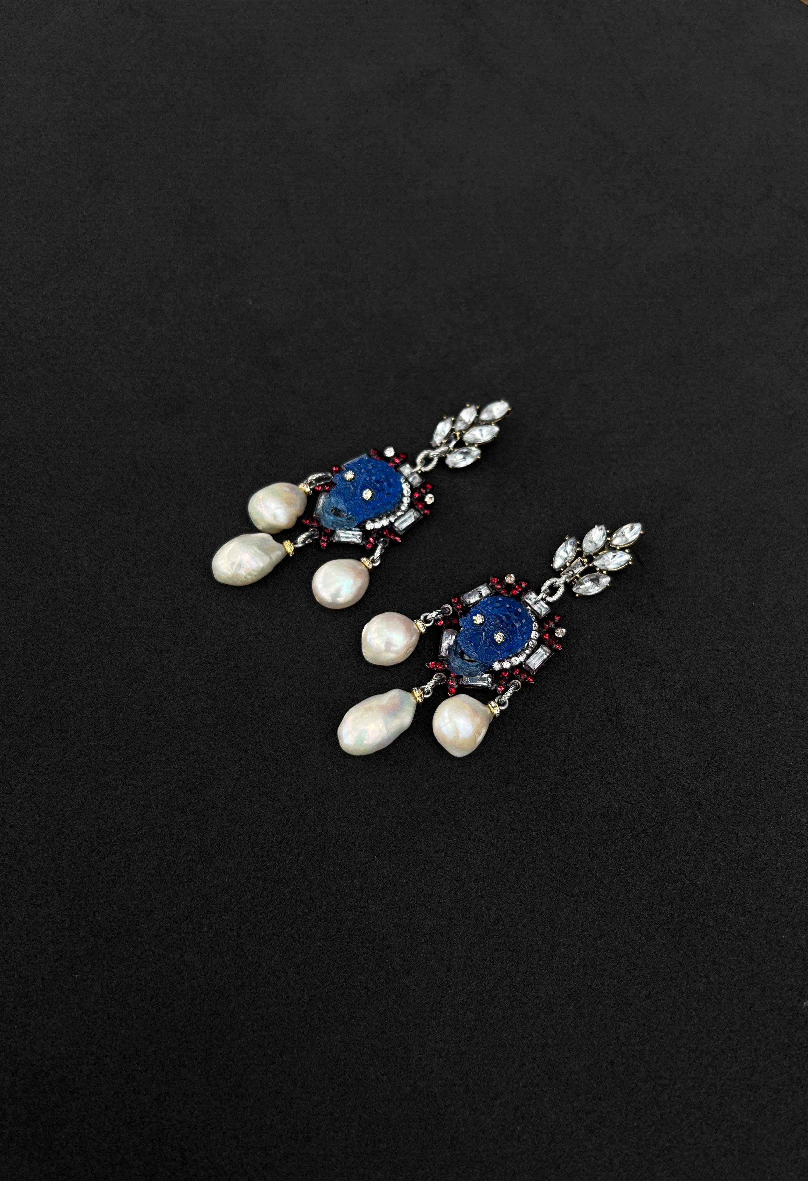 Women's or Men's Extraordinary One of a kind baroque pearl crystal, pearl skull earrings For Sale