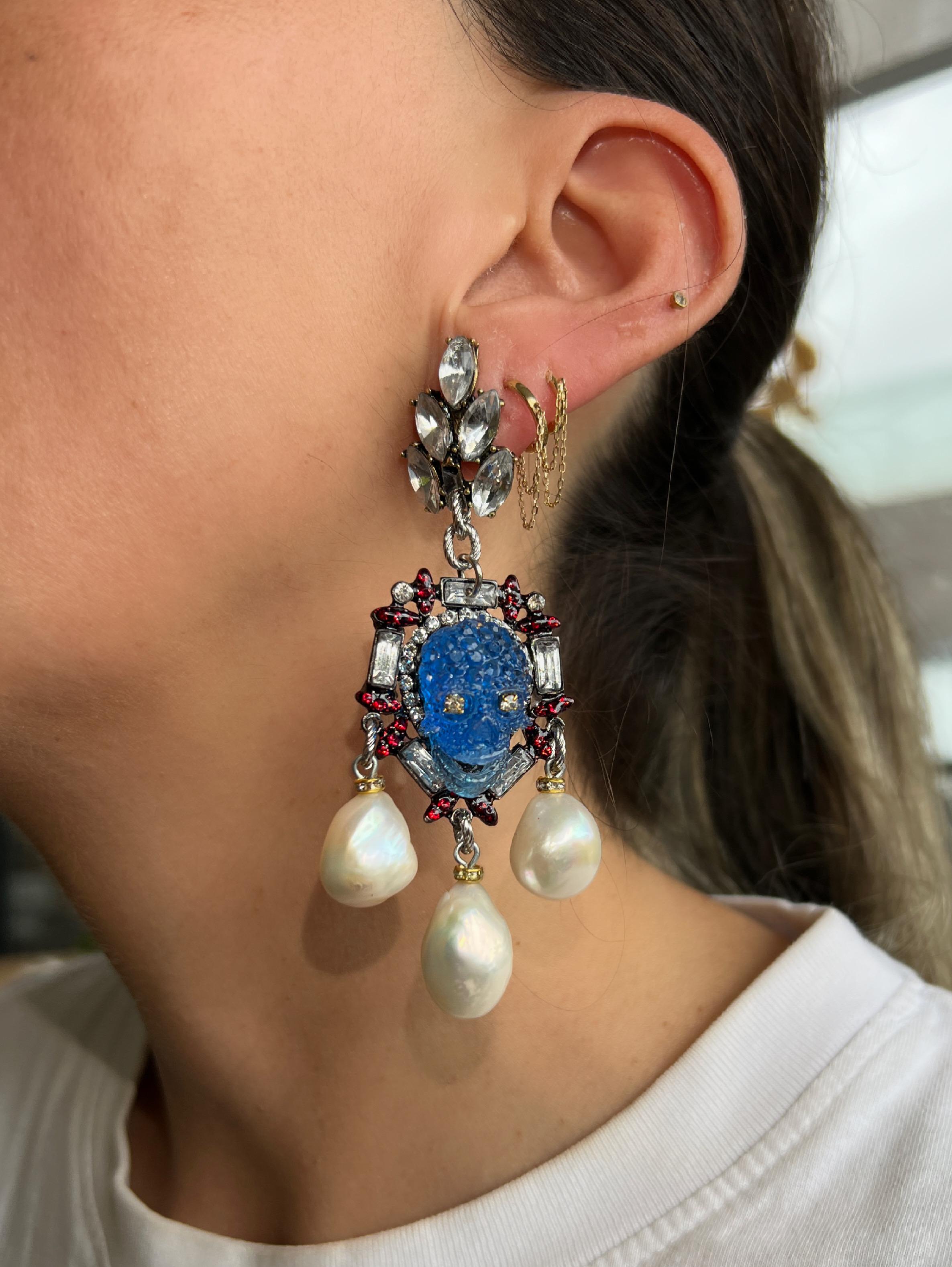 Extraordinary One of a kind baroque pearl crystal, pearl skull earrings For Sale 2