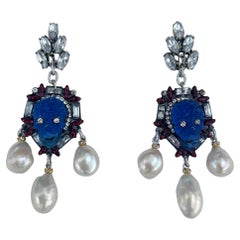 Extraordinary One of a kind baroque pearl crystal, pearl skull earrings