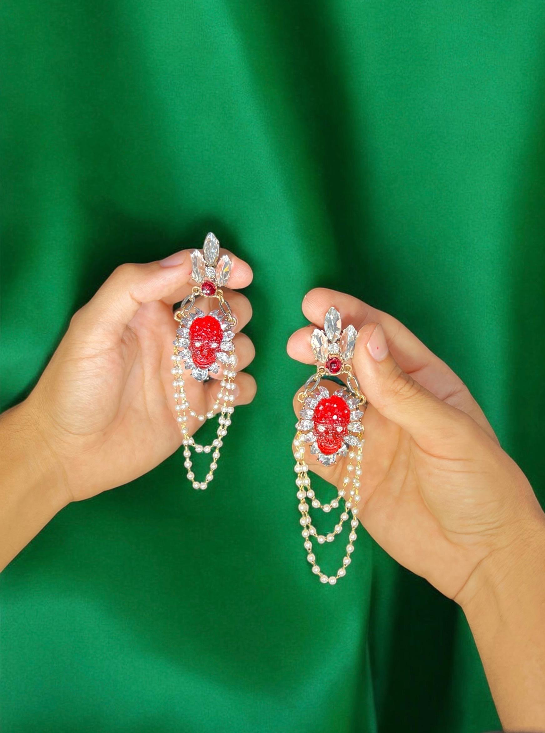 Artist Extraordinary One of a kind pearl crystal, pearl skull chandelier earrings For Sale