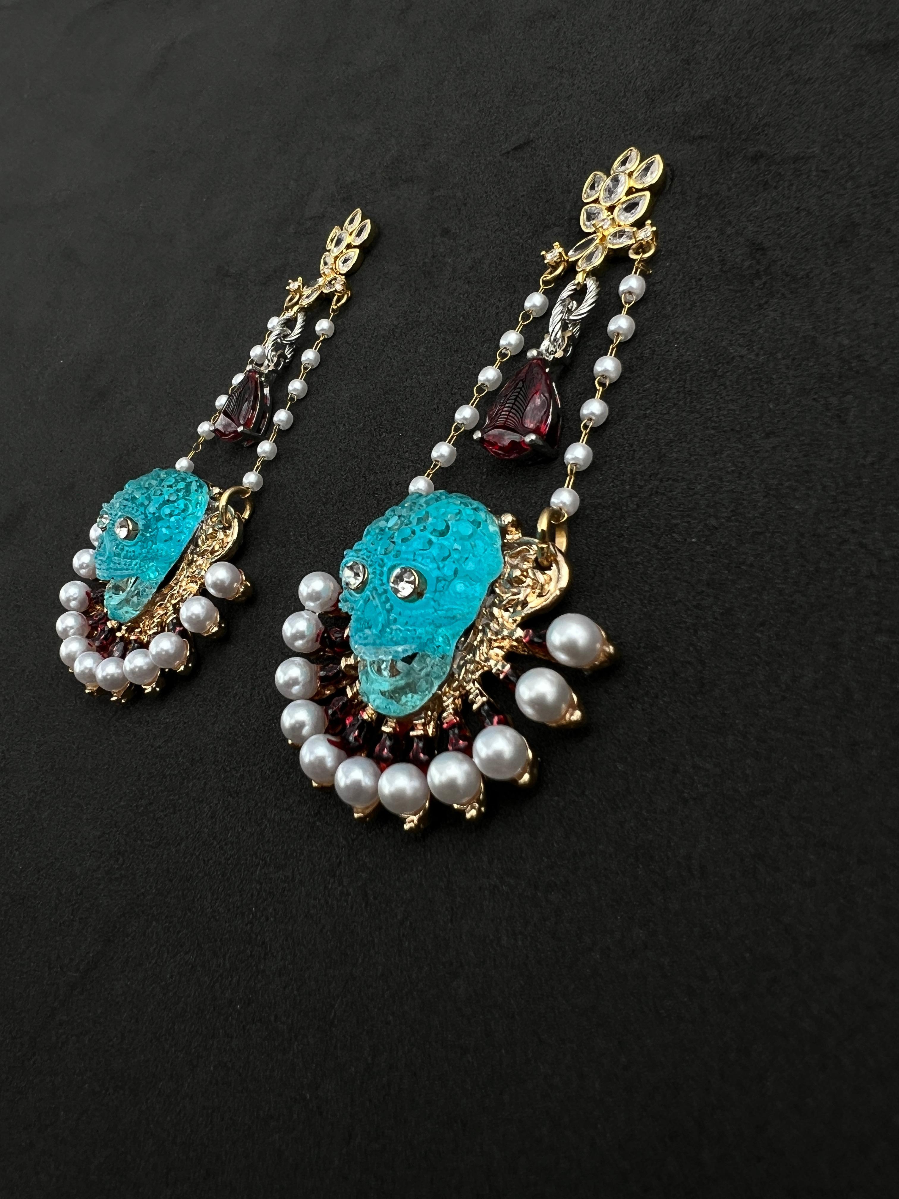 Women's or Men's Extraordinary One of a kind pearl crystal, pearl skull chandelier earrings For Sale