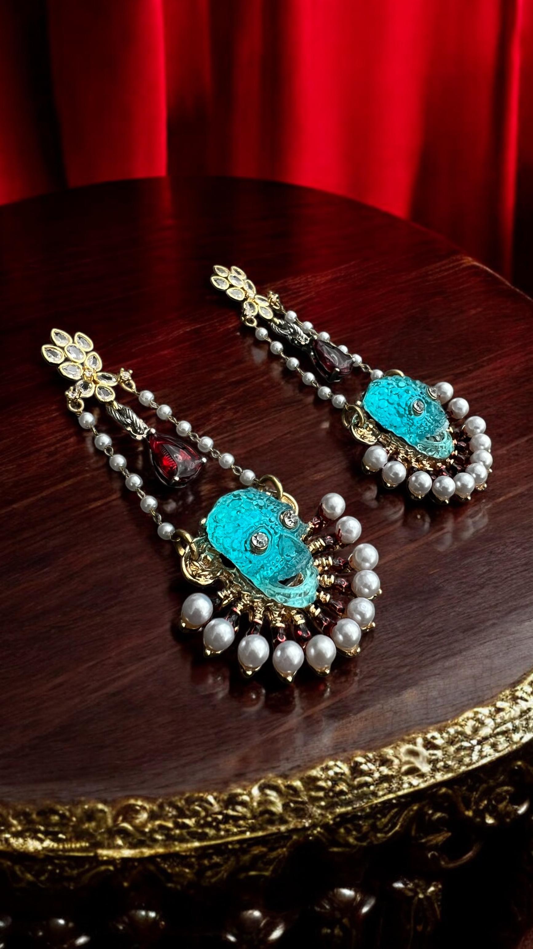 Artist Extraordinary One of a kind pearl crystal, pearl skull chandelier earrings For Sale