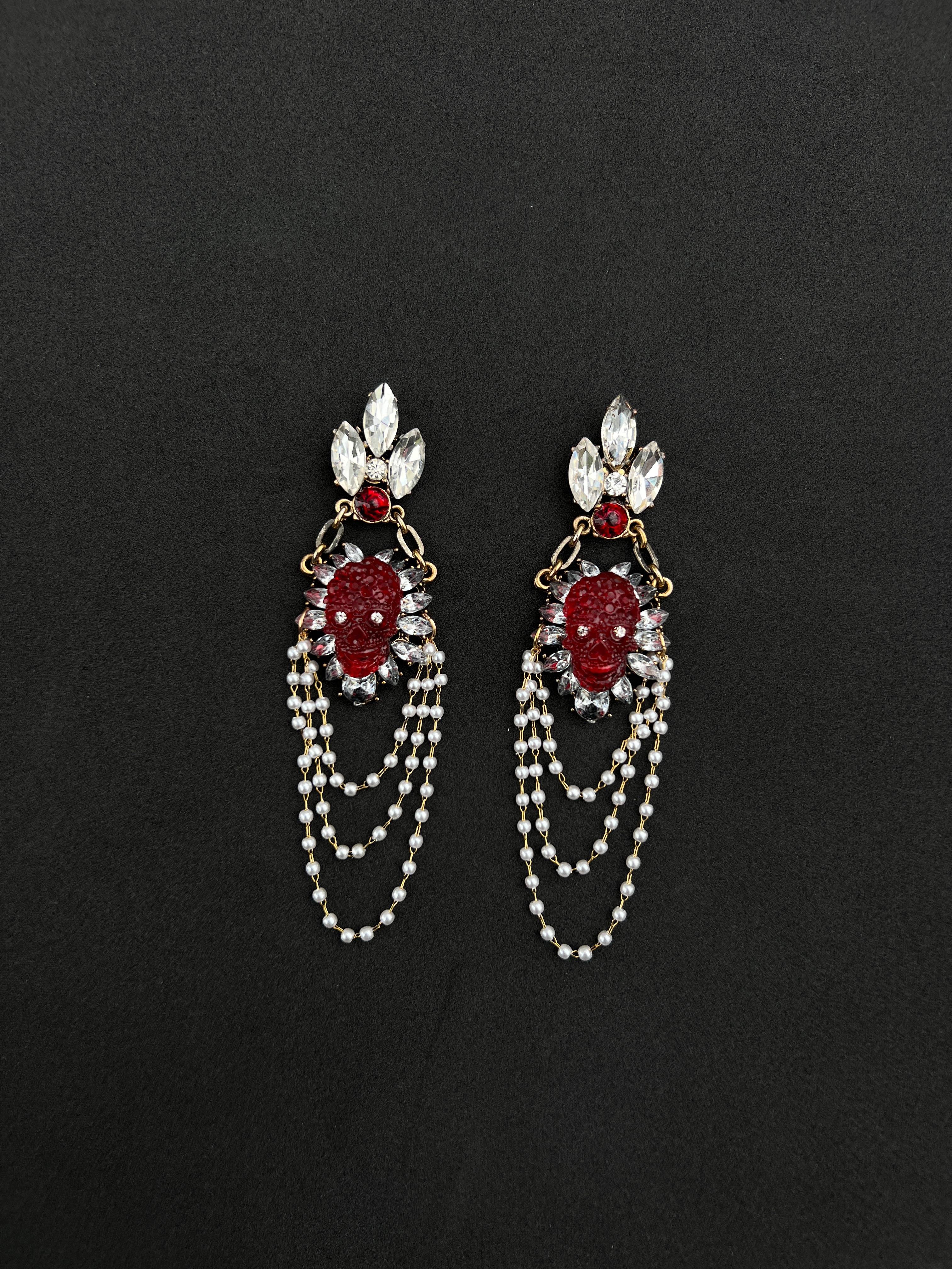 Brilliant Cut Extraordinary One of a kind pearl crystal, pearl skull chandelier earrings For Sale