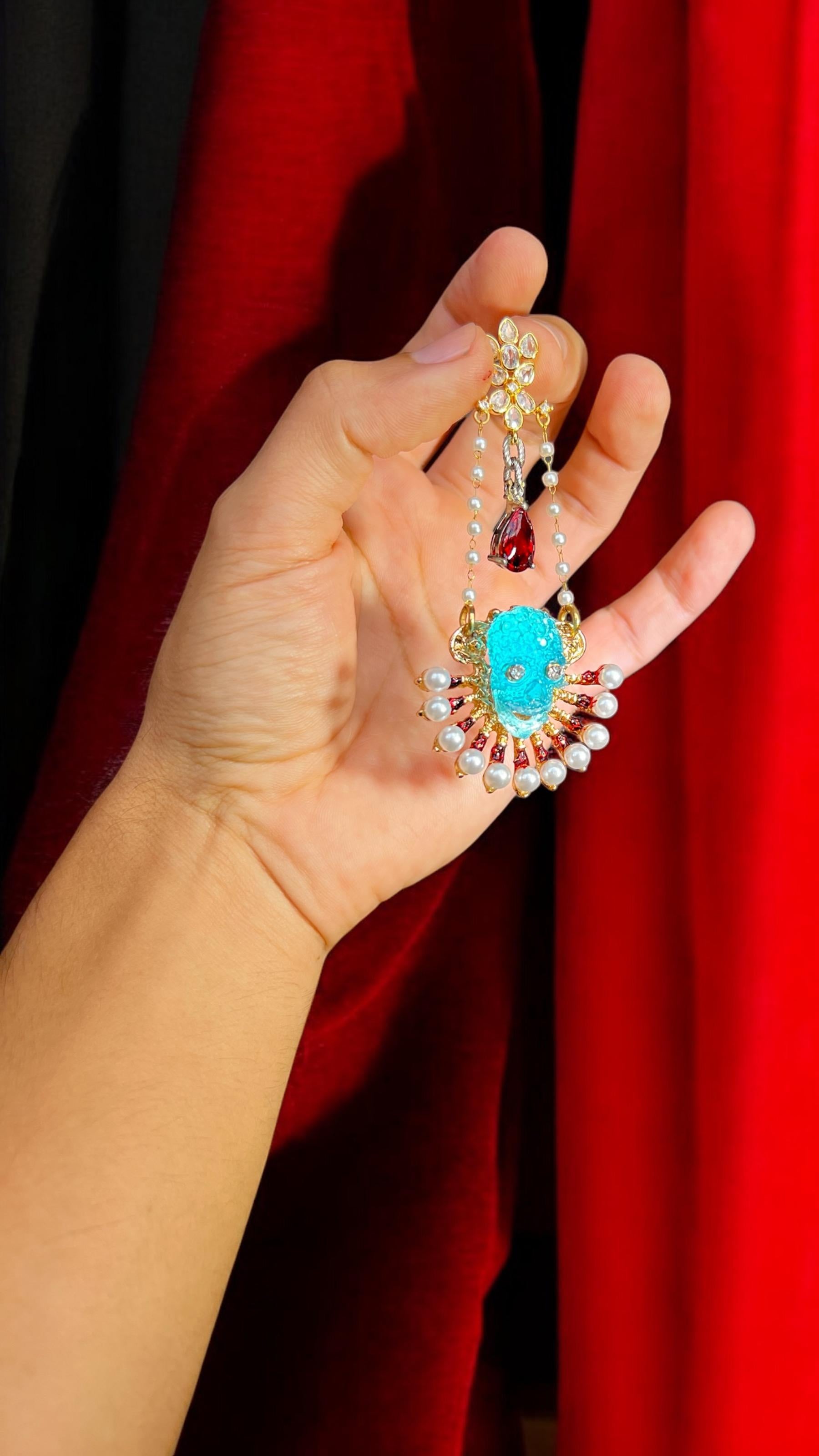 Brilliant Cut Extraordinary One of a kind pearl crystal, pearl skull chandelier earrings For Sale