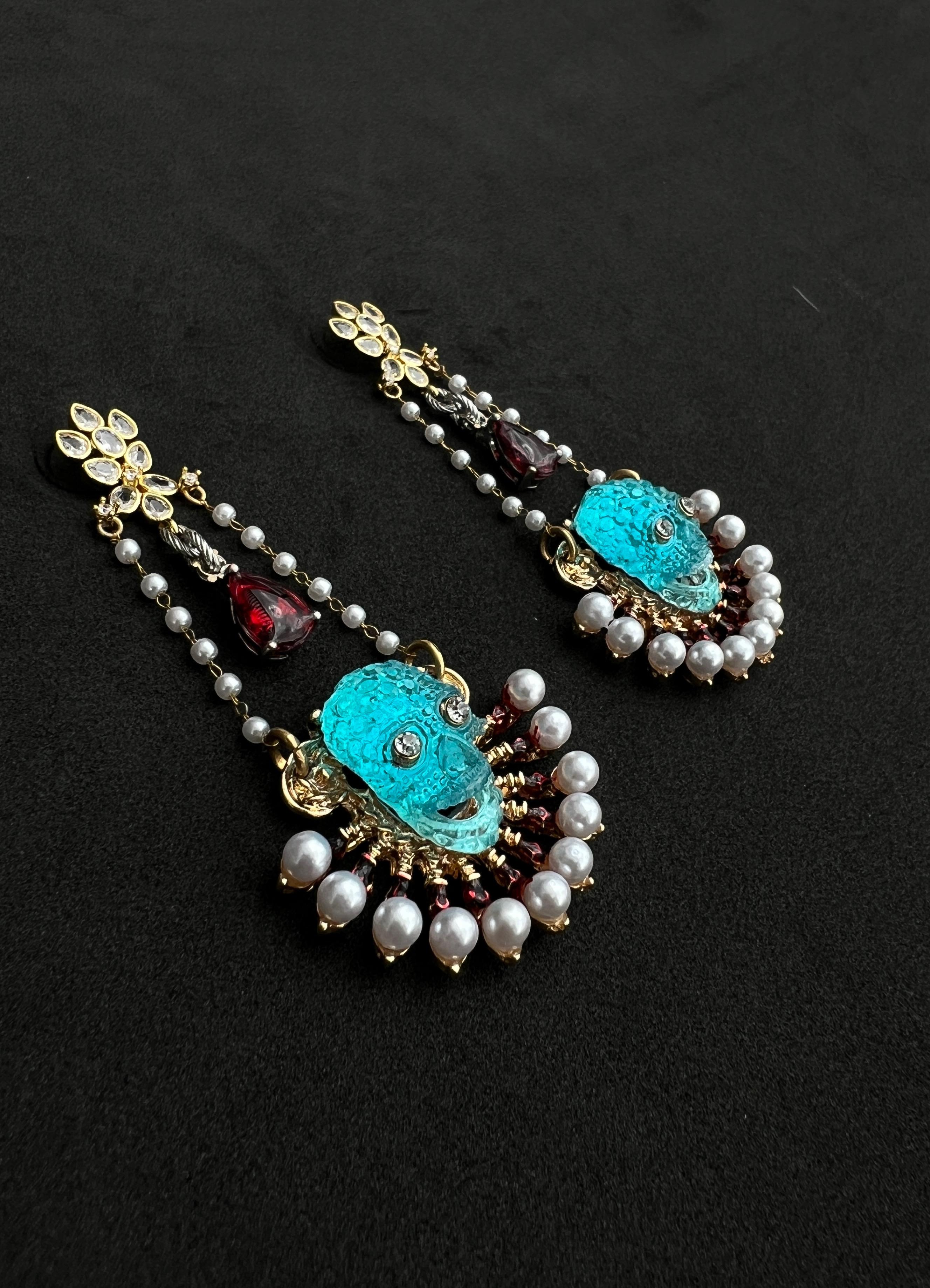 Extraordinary One of a kind pearl crystal, pearl skull chandelier earrings For Sale 2