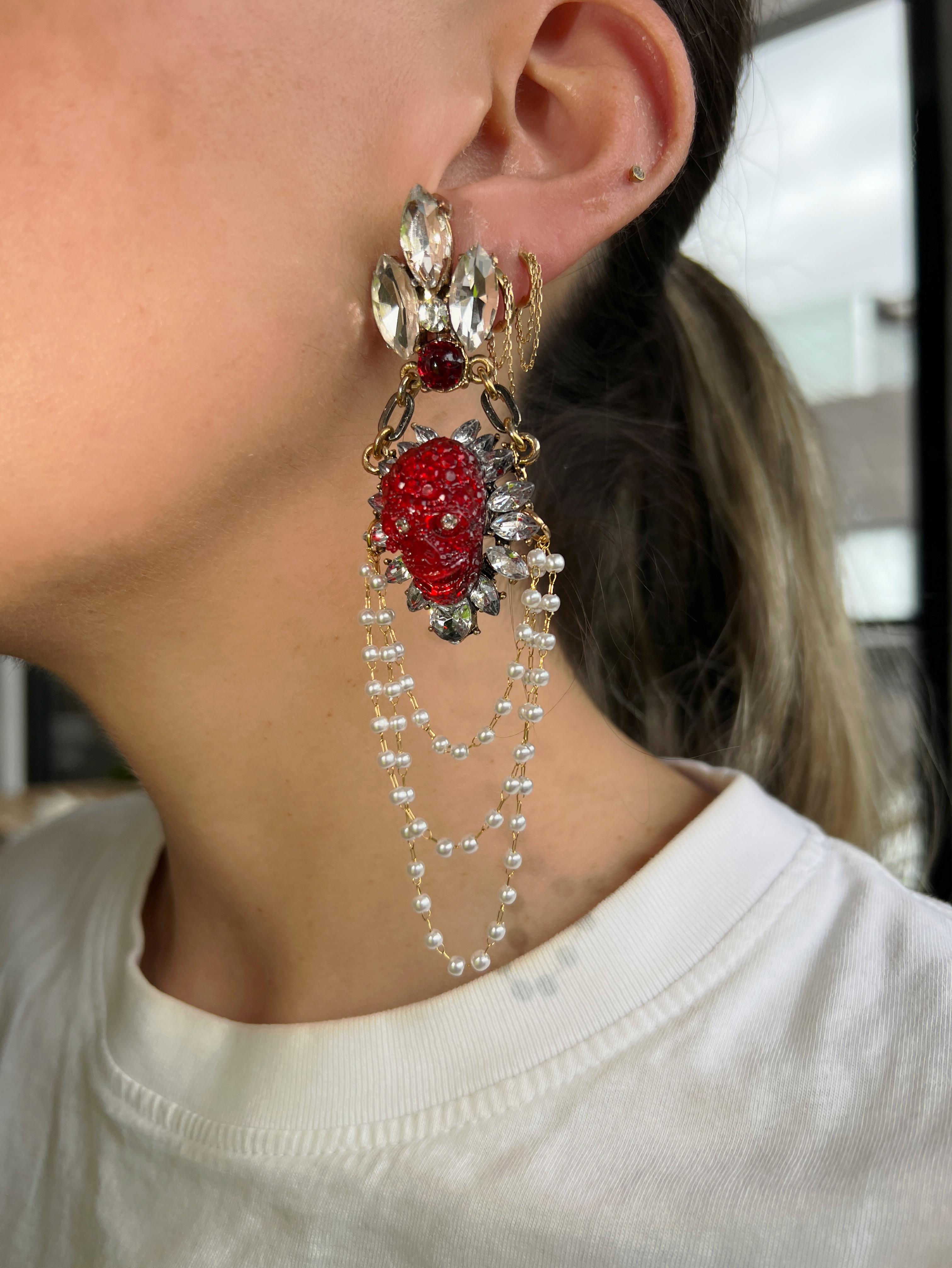 Extraordinary One of a kind pearl crystal, pearl skull chandelier earrings For Sale 2
