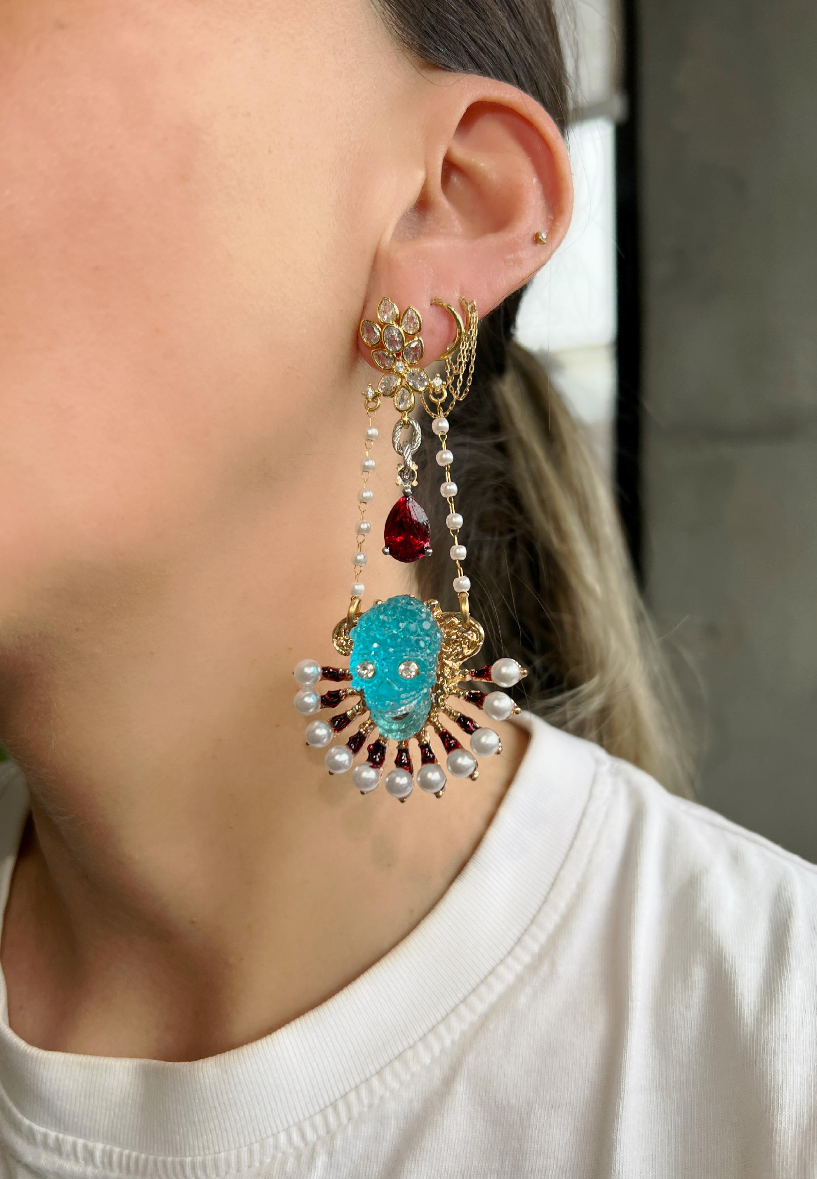 Extraordinary One of a kind pearl crystal, pearl skull chandelier earrings For Sale 4