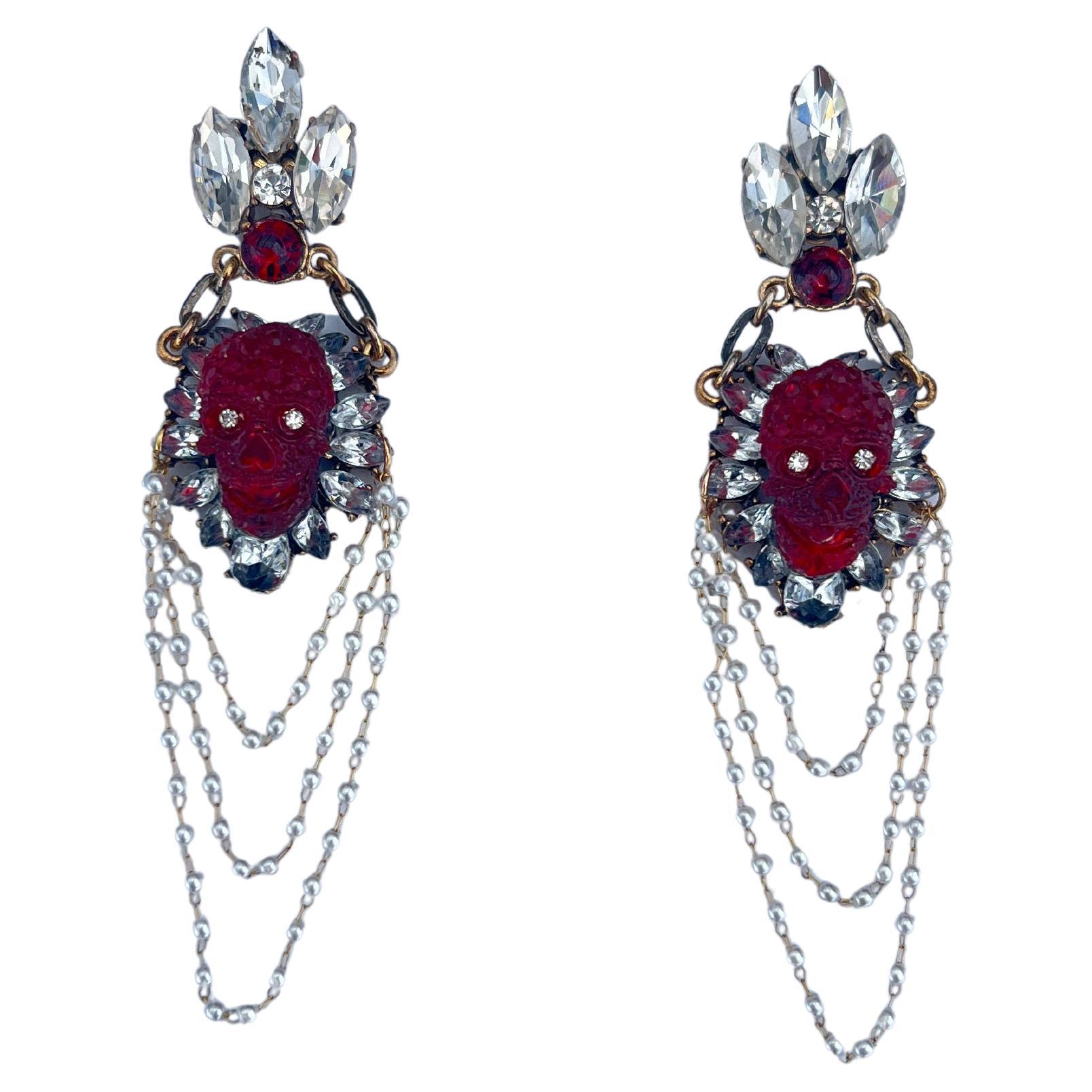 Extraordinary One of a kind pearl crystal, pearl skull chandelier earrings For Sale
