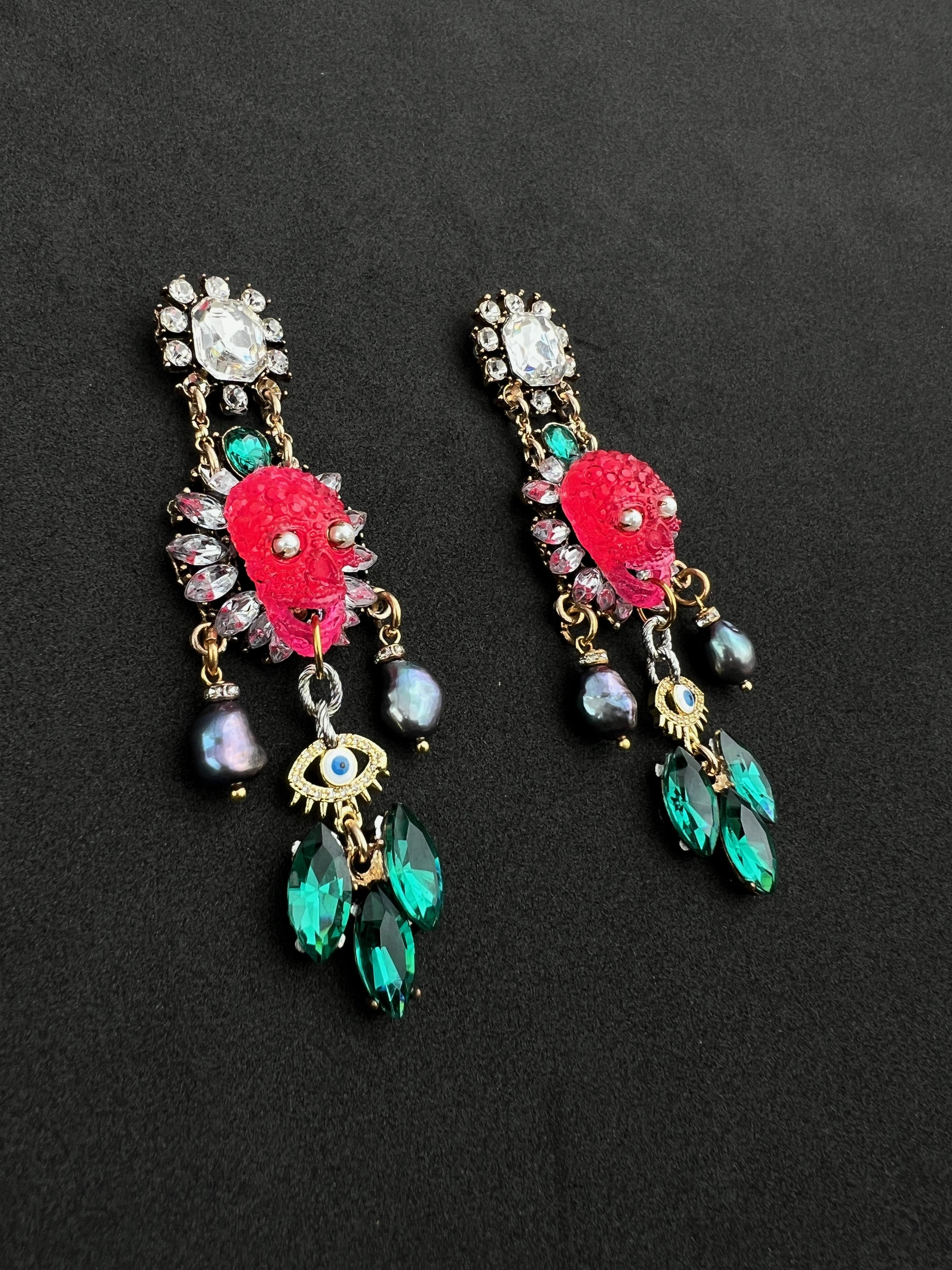 Artist Extraordinary One of a kind pearl crystal, pearl skull earrings For Sale